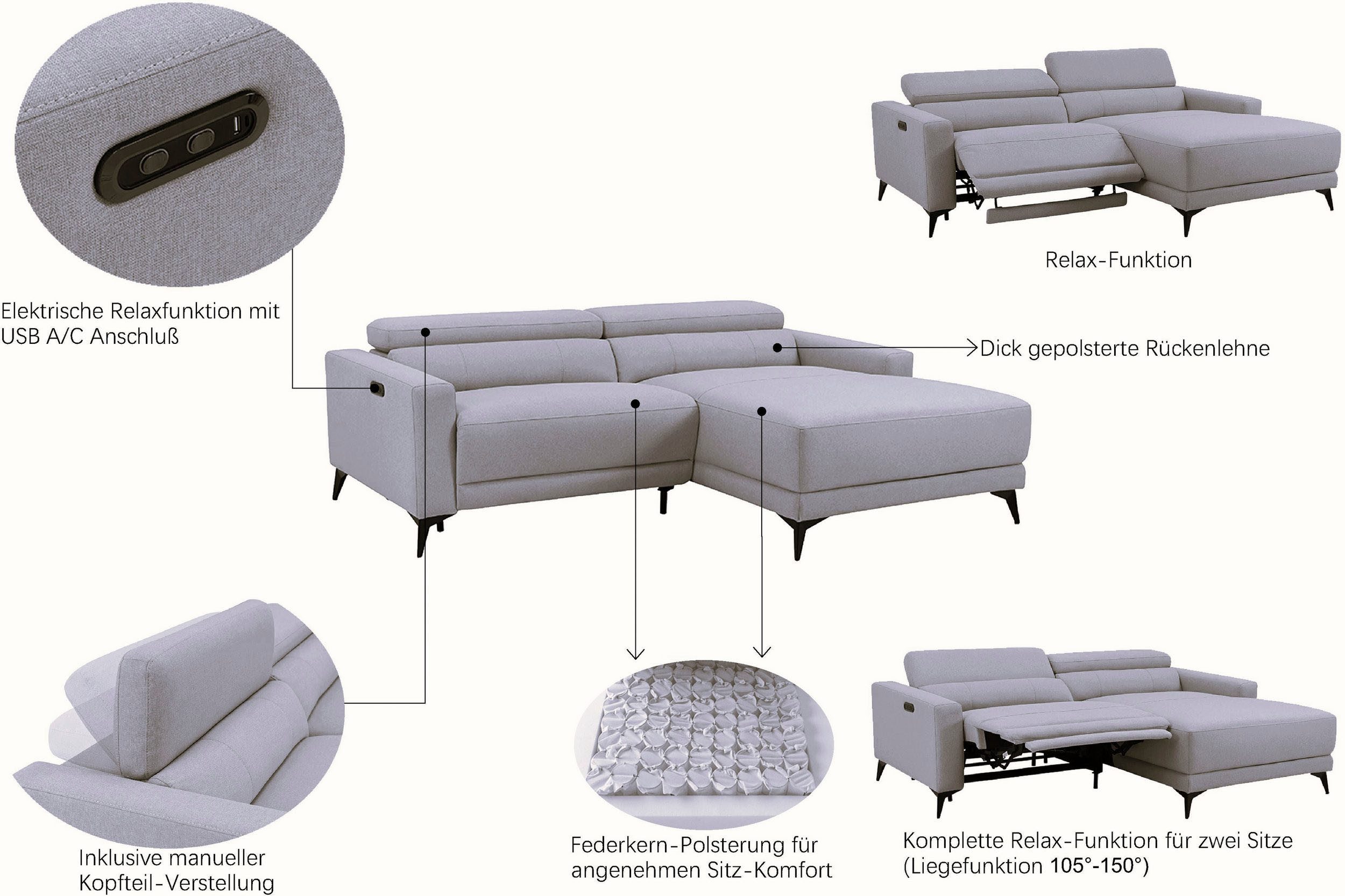 OTTO home Ecksofa LEWII, L-Form, 213 cm - elektr. Relaxfunktion, mit USB A/C-Anschluss. Federkern, verstellbaren Kopfstützen, Webstoff