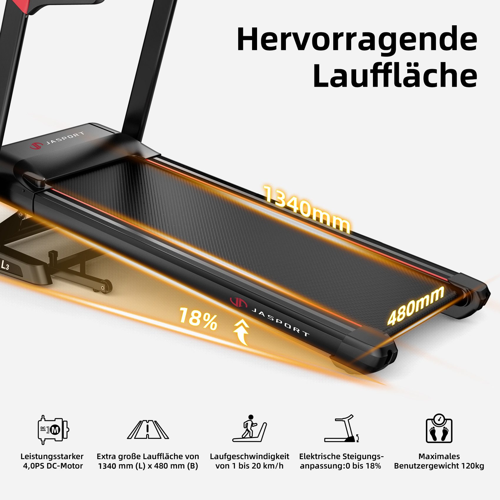 JASPORT Laufband L3 – Heimtrainer mit Steigung, Bluetooth-Kinomap&Zwift, 4PS,bis 20km/h, 18% Steigungswinkel,bis 120kg