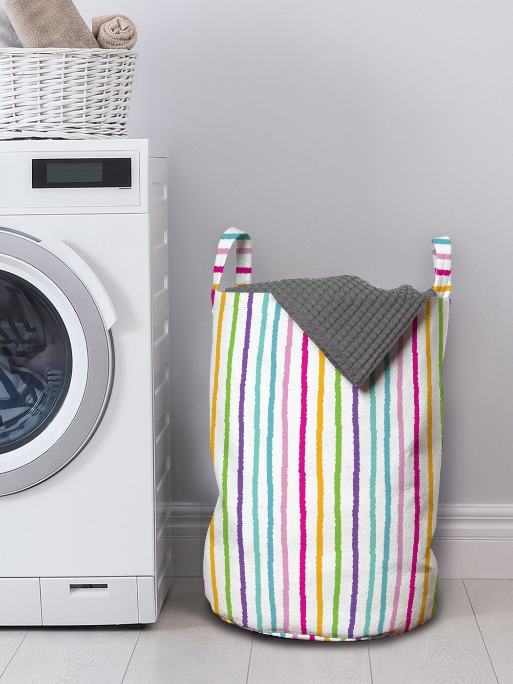 Wäschesäckchen Abakuhaus für Abstrakt Waschsalons, Wäschekorb mit Kordelzugverschluss Streifen Bunte Griffen