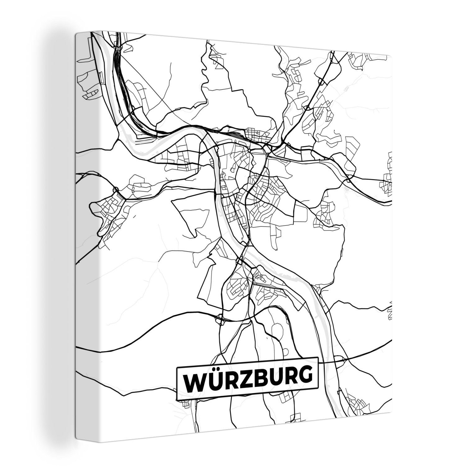OneMillionCanvasses® Leinwandbild Würzburg - Karte - Stadtplan - Wegbeschreibung, (1 St), Leinwand Bilder für Wohnzimmer Schlafzimmer