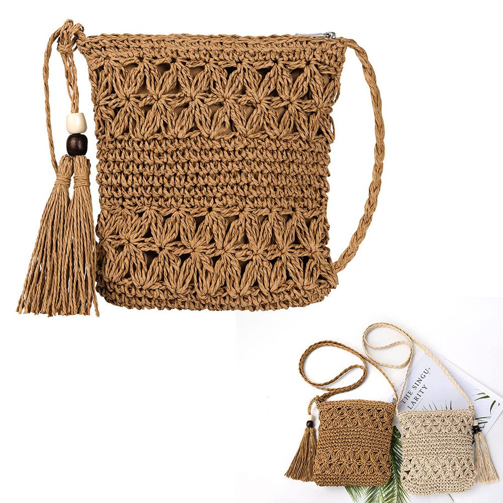 Oemmn Schultertasche Strandtasche für Damen, gehäkelte Sommertasche,Sommertasche, Geflochtene Tasche Boho,Vintage Strandtasche aus Stroh mit Quaste
