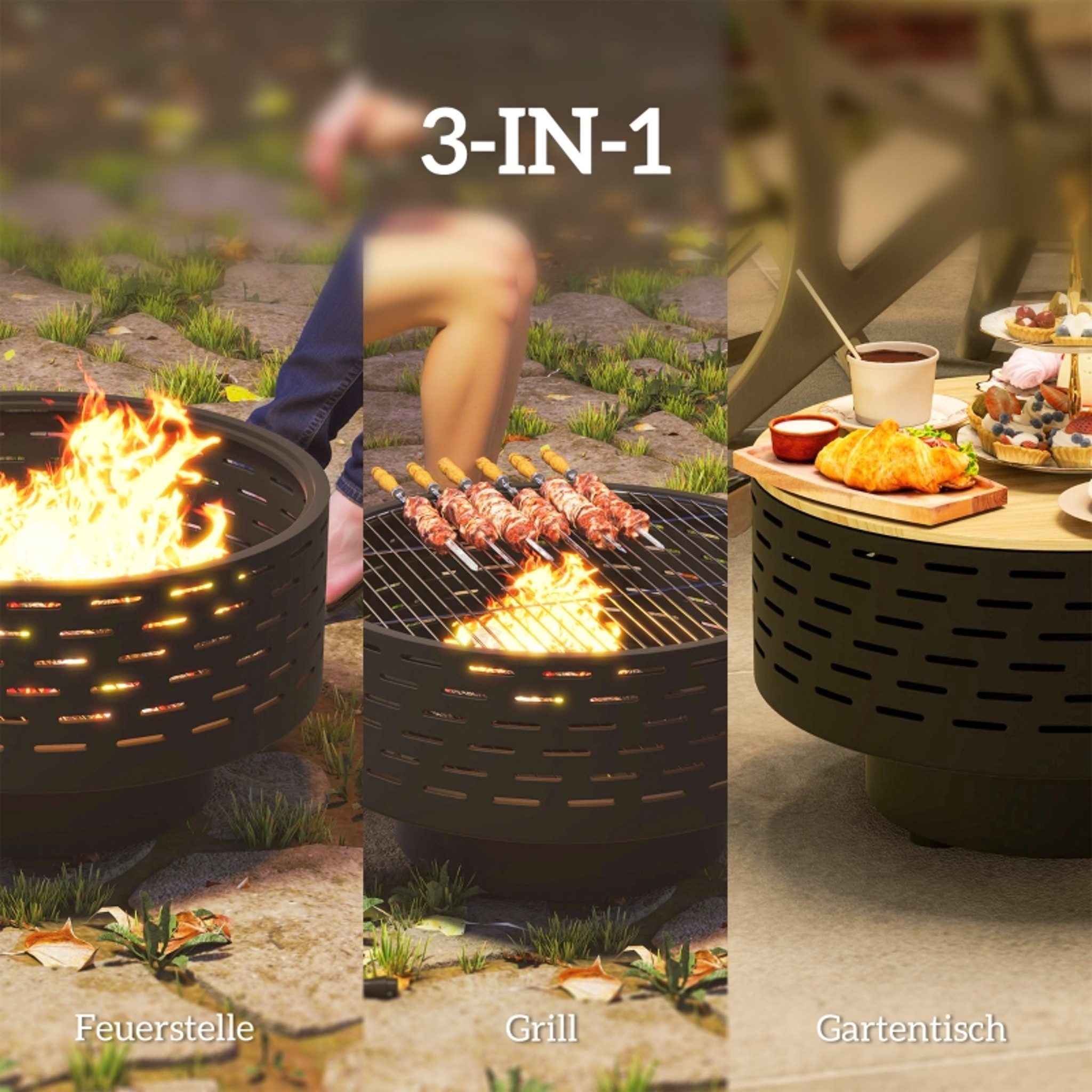 MC Star Feuerschale 3-in-1 Feuerschale Ø60 x 39cm aus Edelstahl Feuerstelle, (mit Grillrost Funkenschutz Schürhaken Kohlegrau)