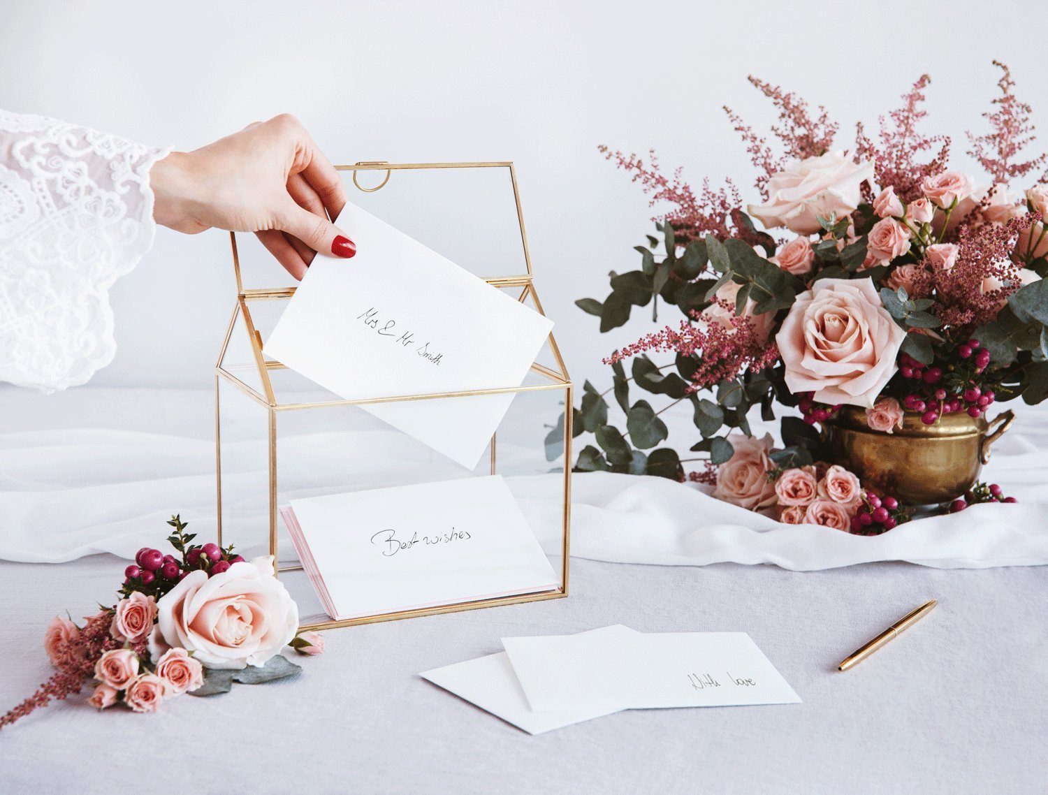 partydeco Geschenkbox, Kartenbox Hochzeit 21cm Glas transparent / gold