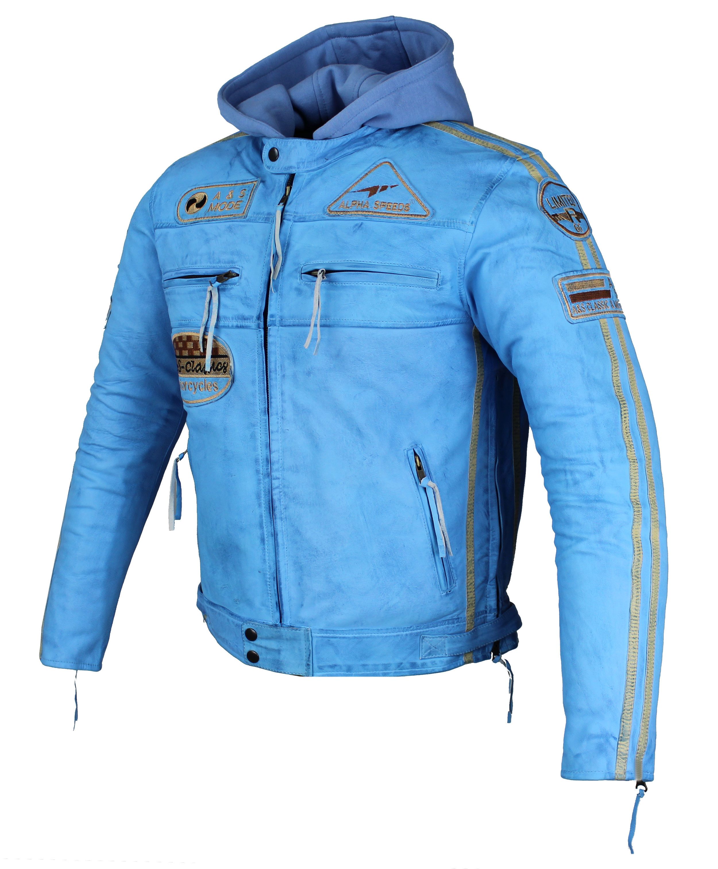 Alpha Speeds Motorradjacke Herren Leder Jacke Biker Freizeit Highway Jacke Blau (Trennbare Innenjacke + Kapuze) aus weichem Lammleder, mit herausnehmbare Protek – Bild 3 von 5