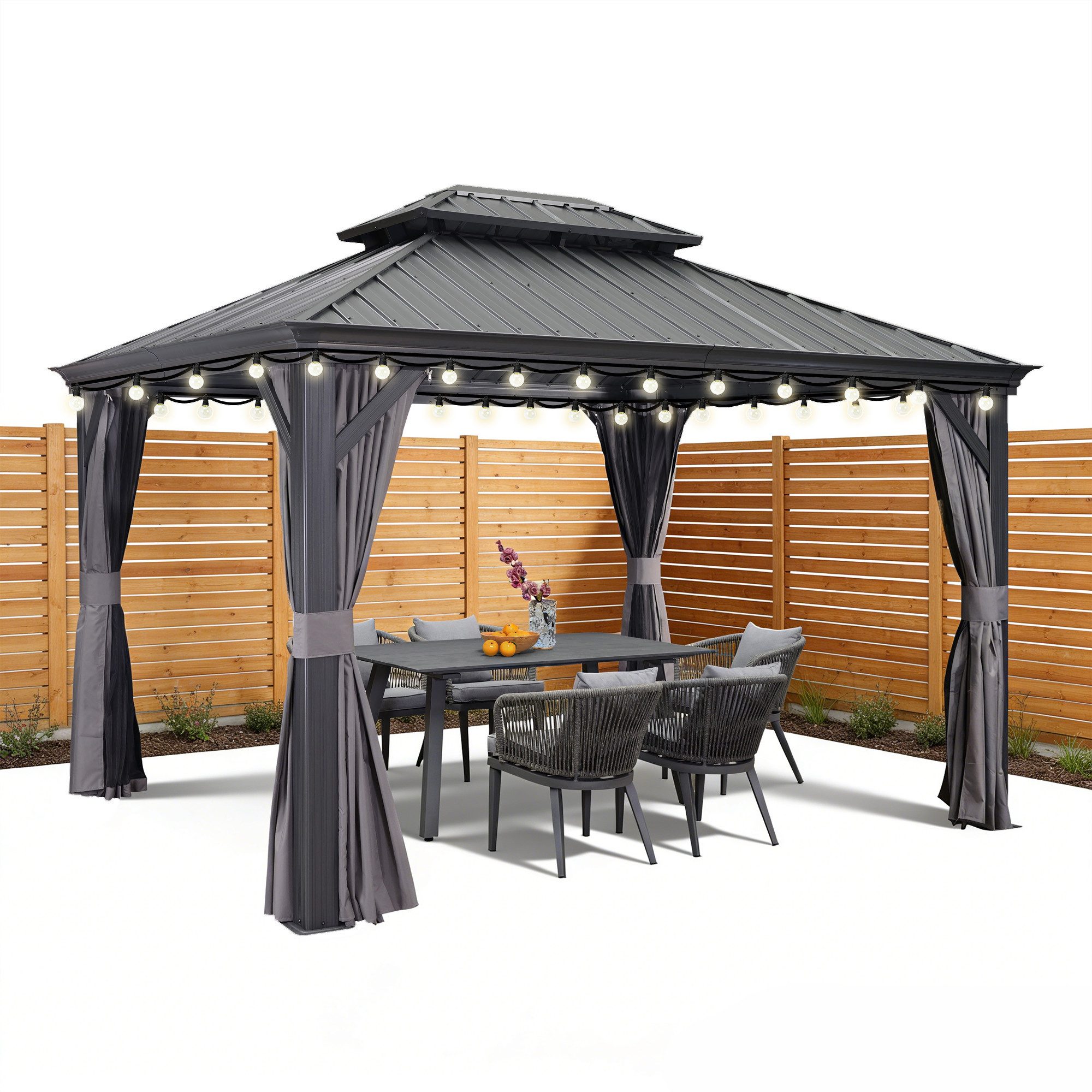 PURPLE LEAF Pavillon Hardtop Aluminium Gartenpavillon mit LED-Lichtern und Seitenteilen