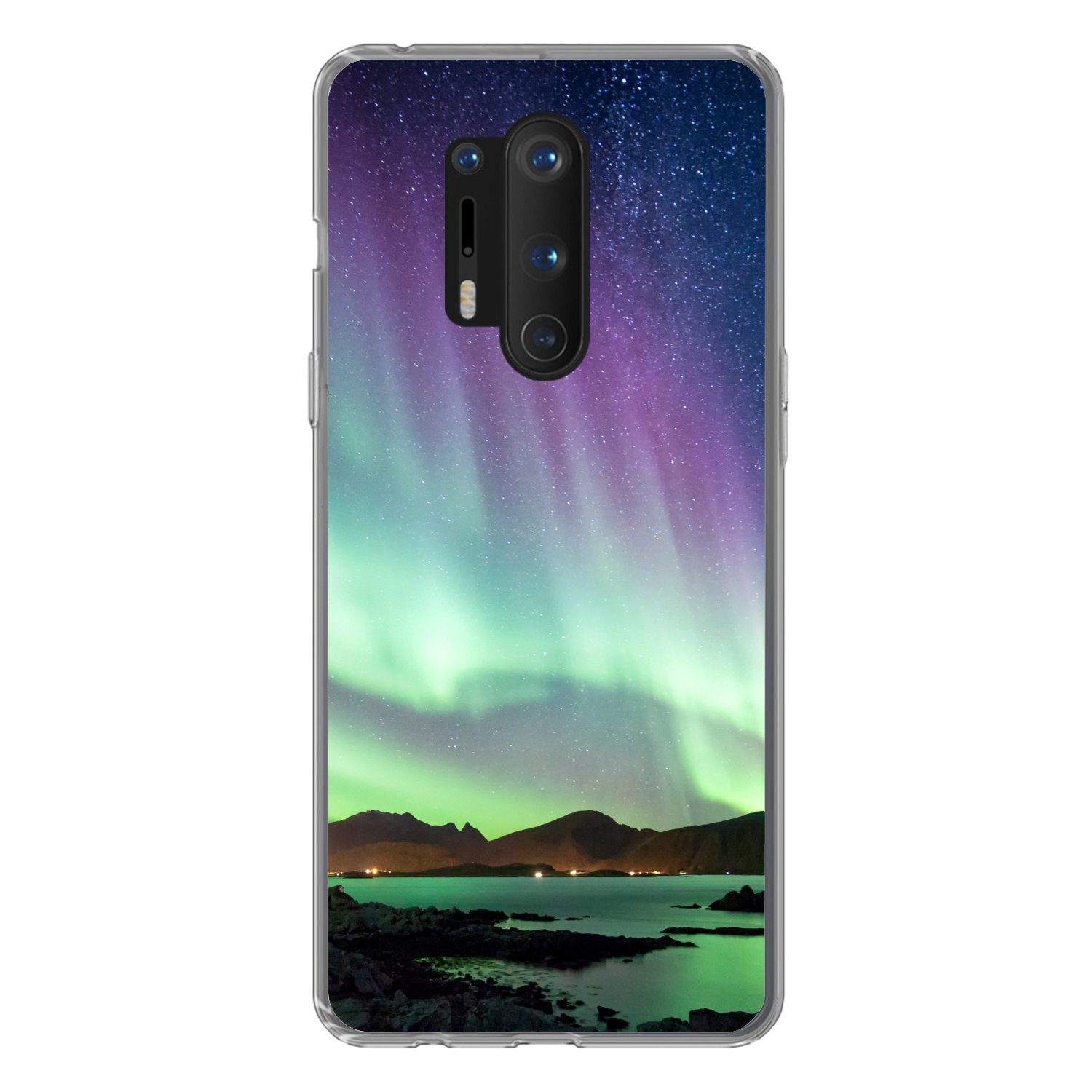 MuchoWow Handyhülle für OnePlus 8 Pro Nordlicht - Grün - Lila - Sternenhimmel - See - Berg, Phone Case, Silikon, Schutzhülle Dünn