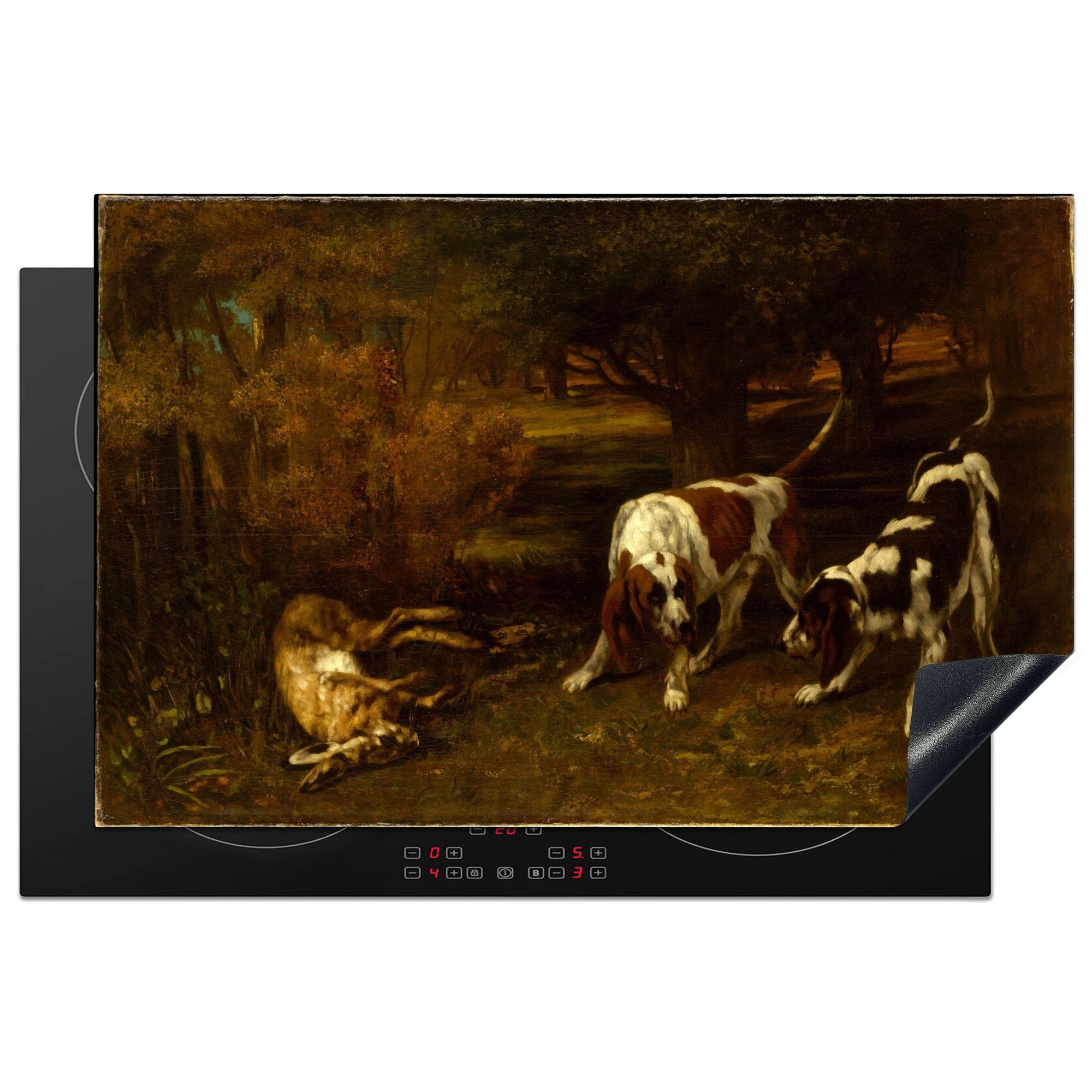 MuchoWow Herdblende-/Abdeckplatte Jagdhunde mit totem Hasen - Gemälde von Gustave Courbet, Vinyl, (1 tlg), 81x52 cm, Induktionskochfeld Schutz für die küche, Ceranfeldabdeckung