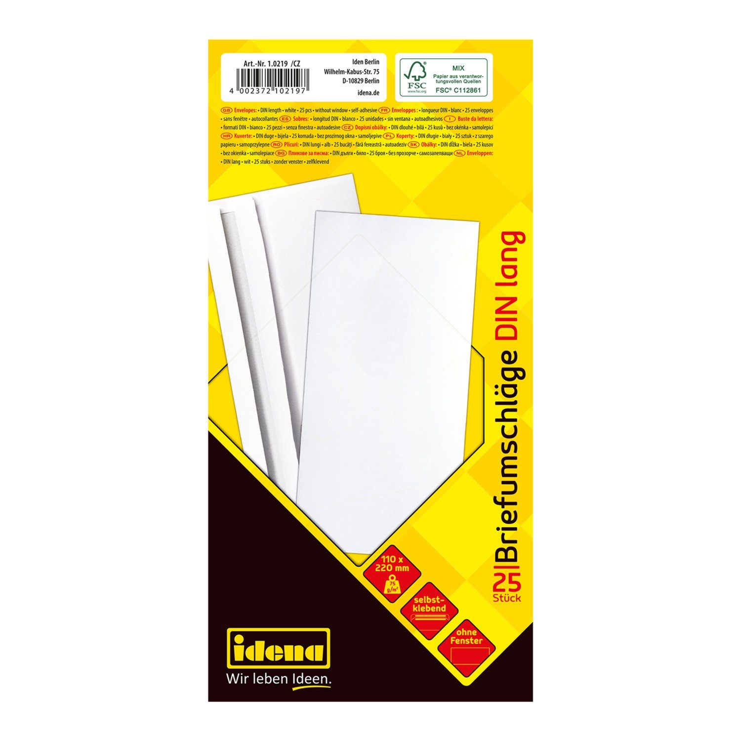 Idena Briefumschlag Idena 10219 - Briefumschläge lang, 75 g/m², selbstklebend, ohne Fenste