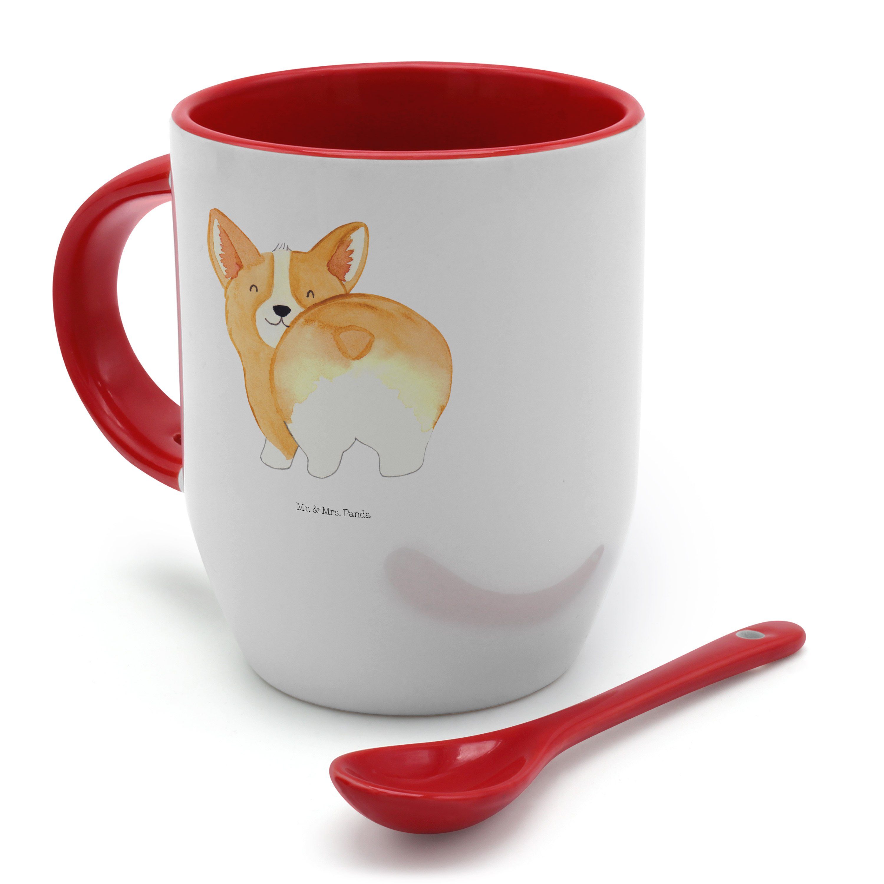 Löffel, Tasse Keramik - Po Hund, mit Weiß - Mrs. mit Mr. Corgie & Spruch, Tasse Tasse Geschenk, Panda