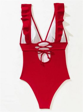 HOTDUCK Bustier-Bikini Badeanzug Damen Bauchweg Push Up Rüschen V Ausschnitt Schnürung