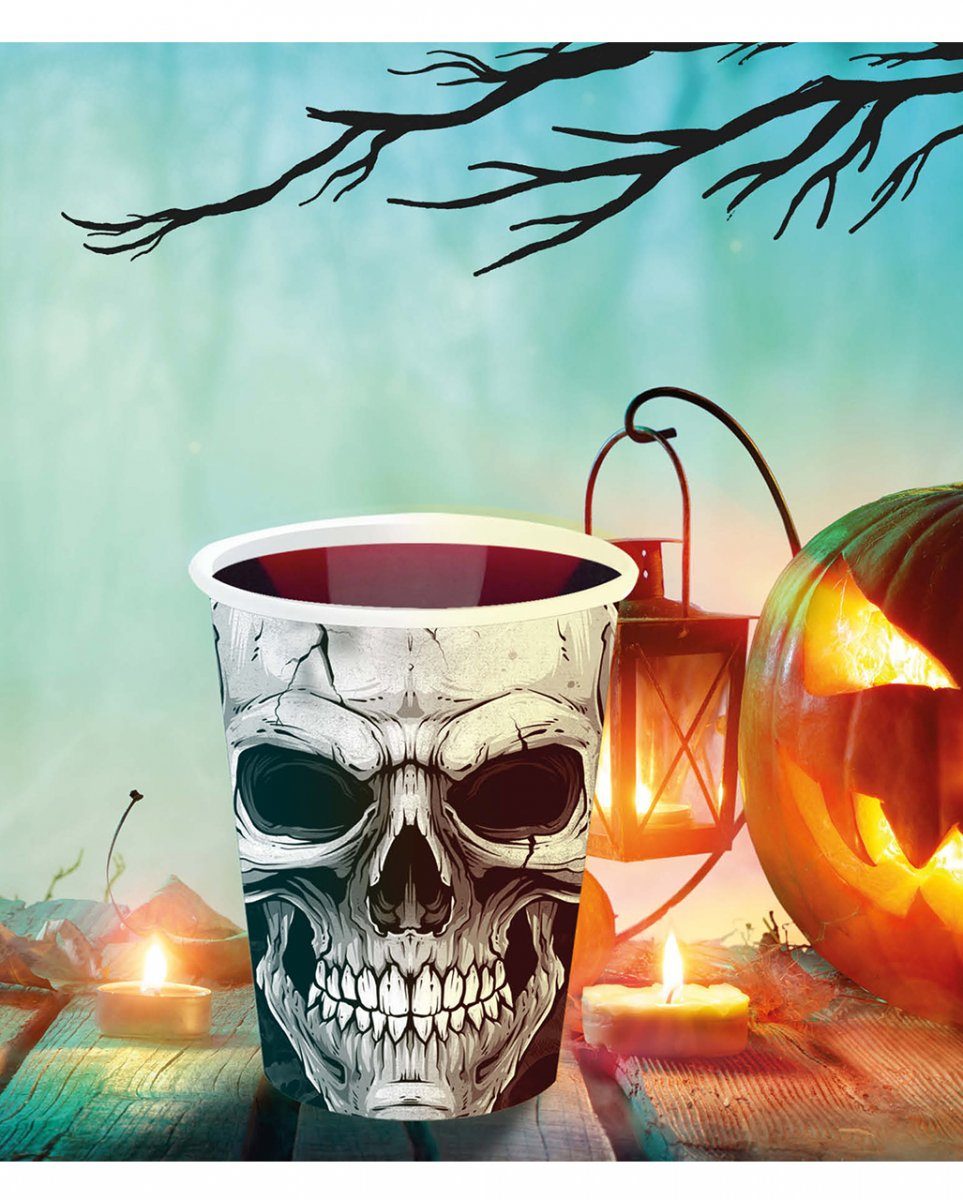 6 Halloween Skull Horror-Shop Totenkopf Dekofigur Pappbecher S für Scary