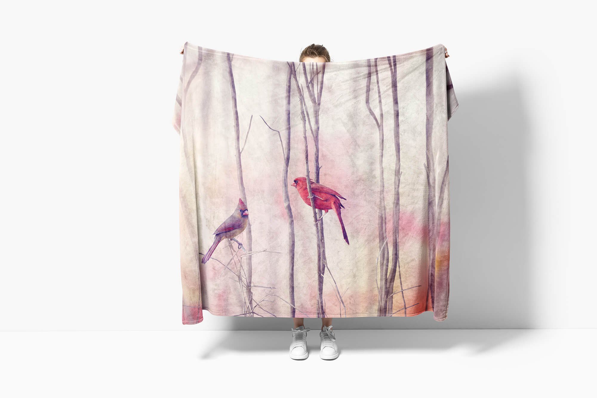Art Tiermotiv Saunatuch Vögel Baumwolle-Polyester-Mix (1-St), zwei auf Strandhandtuch Handtuch Äst, Kuscheldecke mit Handtücher Sinus Handtuch