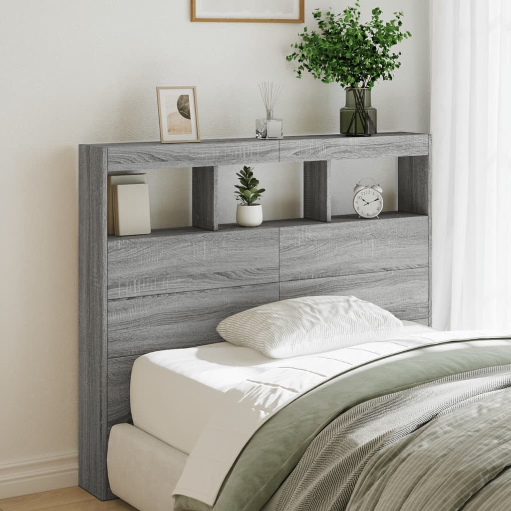 vidaXL Bett LED-Kopfteil mit Ablagen Grau Sonoma 120x17x102 cm (1-tlg)