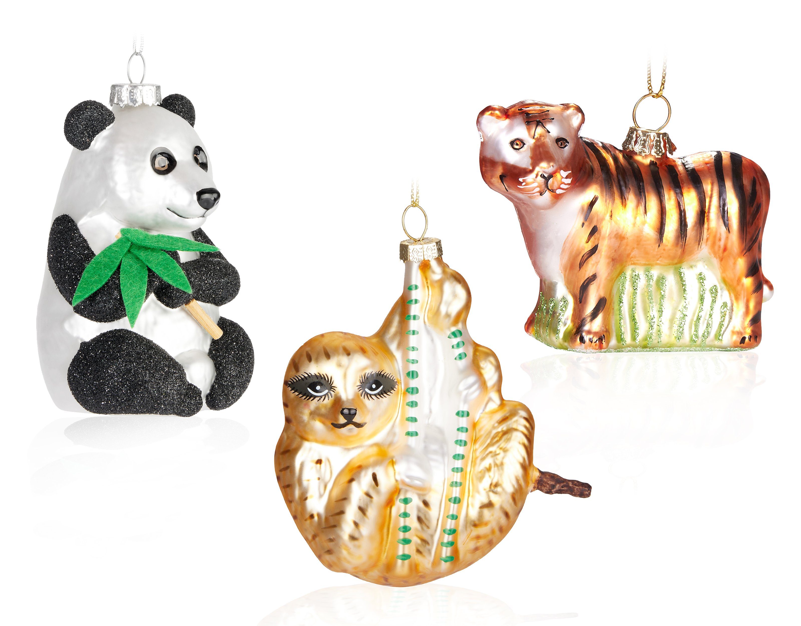 BRUBAKER Christbaumschmuck »Weihnachtskugel Set Tiere Mix - Panda Faultier  und Tiger« (3-tlg), Handbemalte Baumkugeln aus Glas - Baumschmuck Lustig