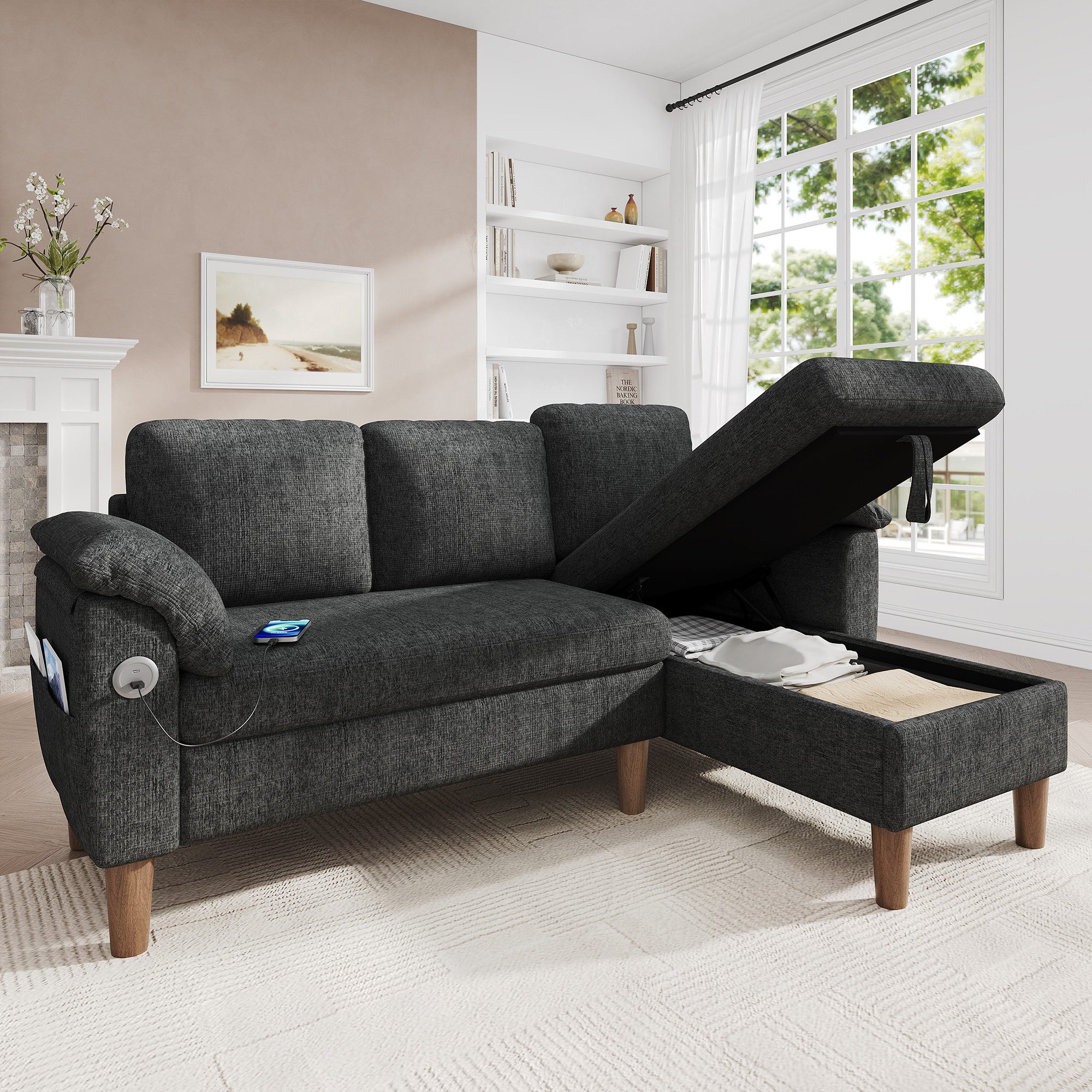 Merax Ecksofa L-förmiges Sofa mit Stauraum-Chaiselongue, links oder rechts montierbar, Couch, Schlafsofa 1 Teile, 3-Sitzer-Sofa mit USB & Type-C Ladeanschluss, Seitentaschen & Kissen