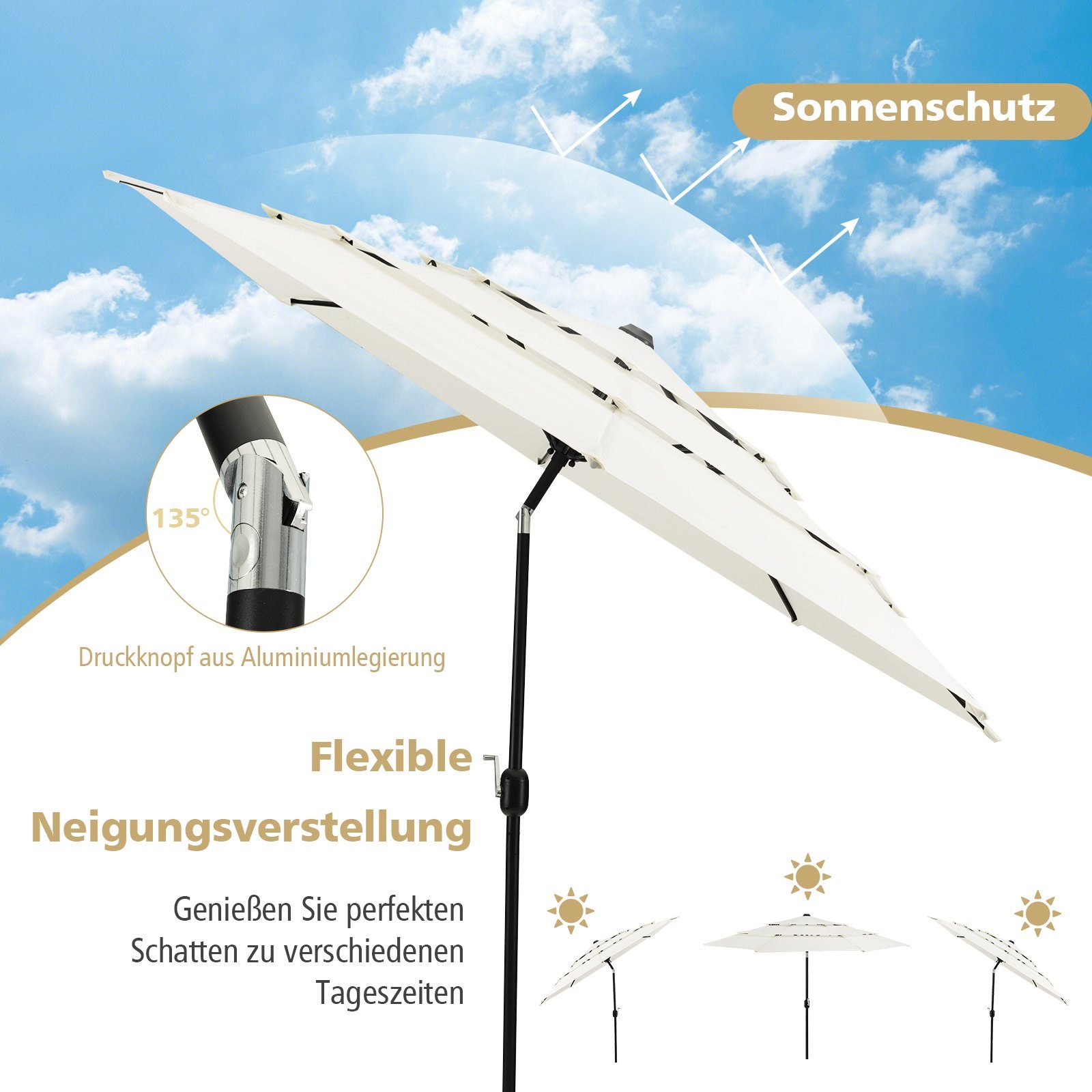 COSTWAY Sonnenschirm Ø300cm, um 45° knickbar, UV-Schutz, mit Kurbel