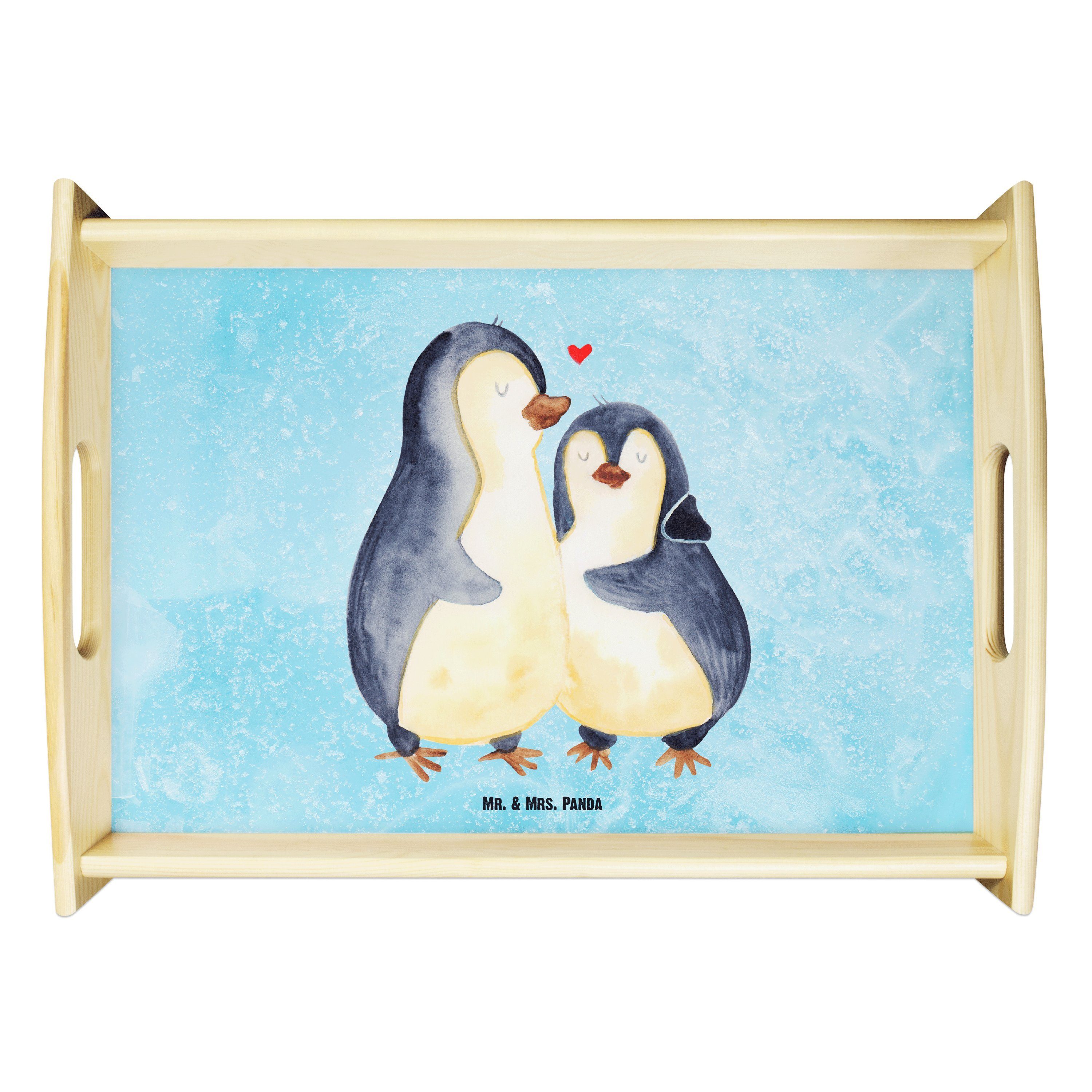 Mr. & Mrs. Panda Tablett Pinguin umarmen - Eisblau - Geschenk, Tablett, Dekotablett, Seevogel, Echtholz lasiert, (1-tlg), Anti-Rutsch Pads