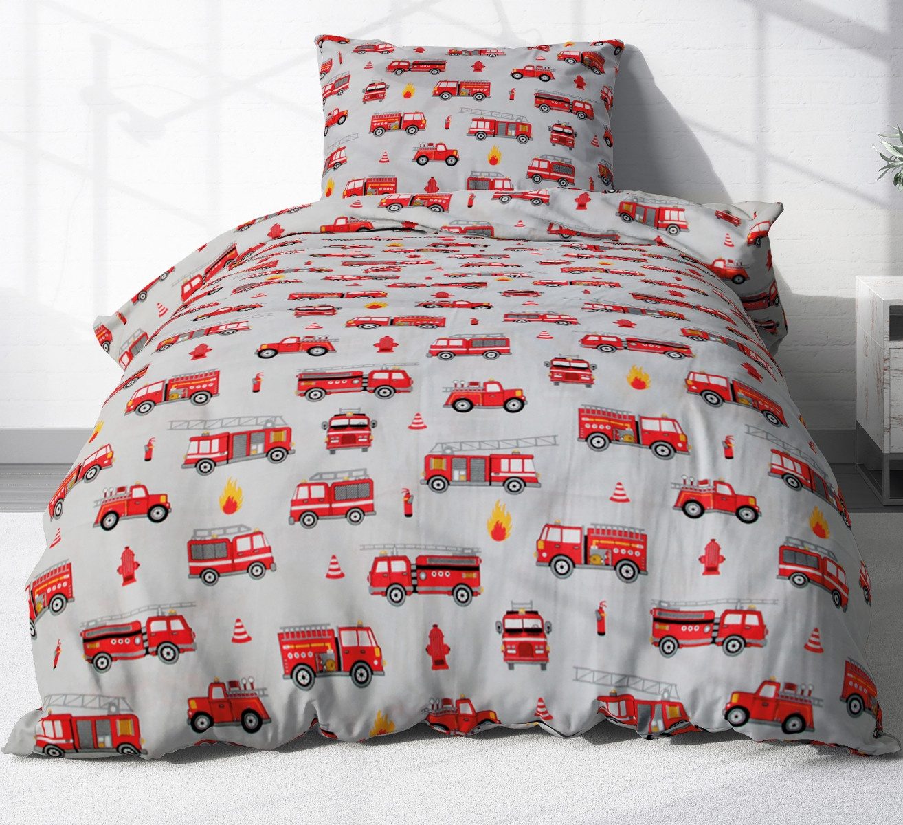 Heubergshop Kinderbettwäsche, Renforcé, 2 teilig, 135x200cm und 80x80cm - Feuerwehr 100% Baumwolle Kinder (EW-Feuerwehr)