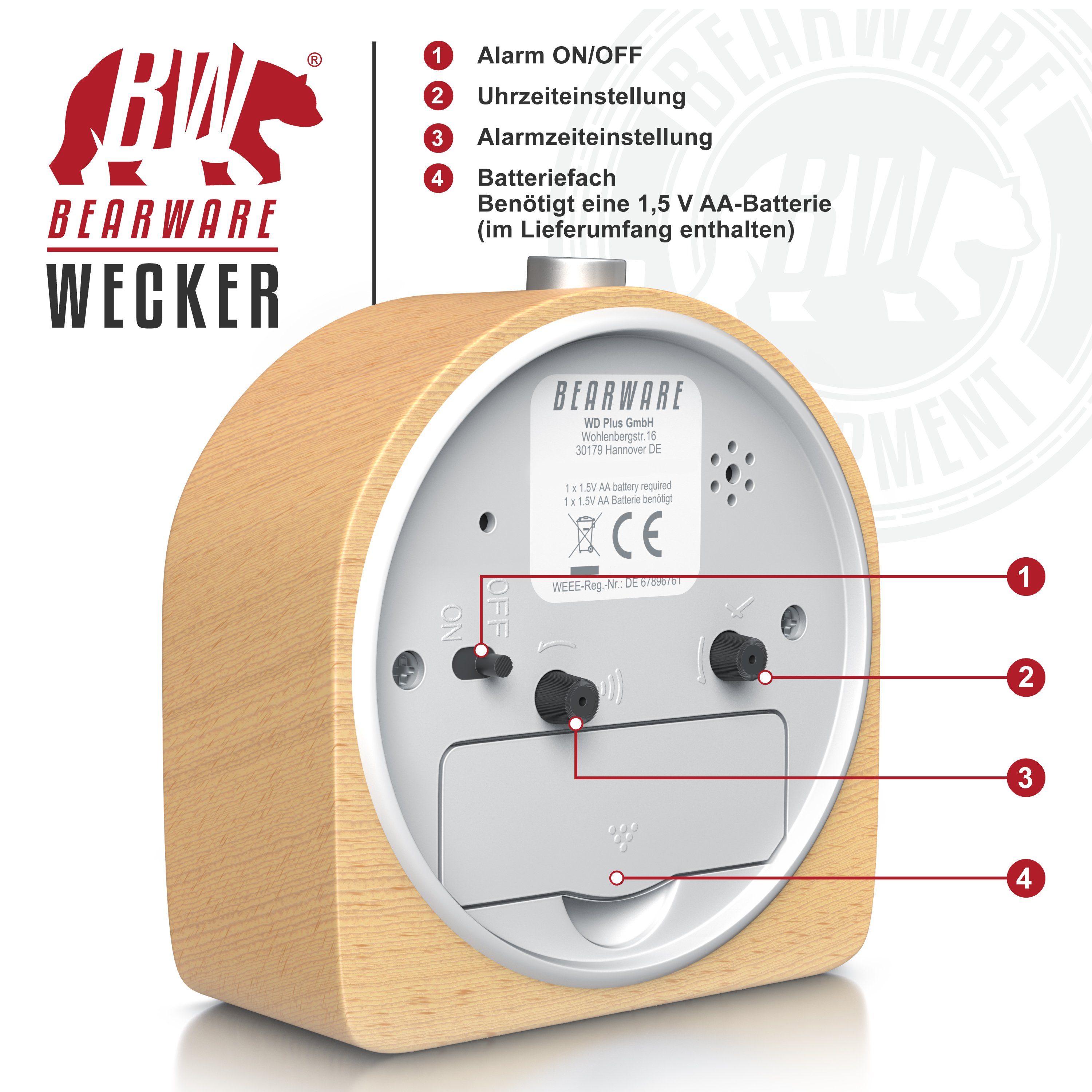 BEARWARE Wecker analoger Reisewecker ohne Ticken mit beleuchtetem Ziffernblatt ansteigender Weckton, kompakt & leicht, Holzoptik, für unterwegs – Bild 4 von 5