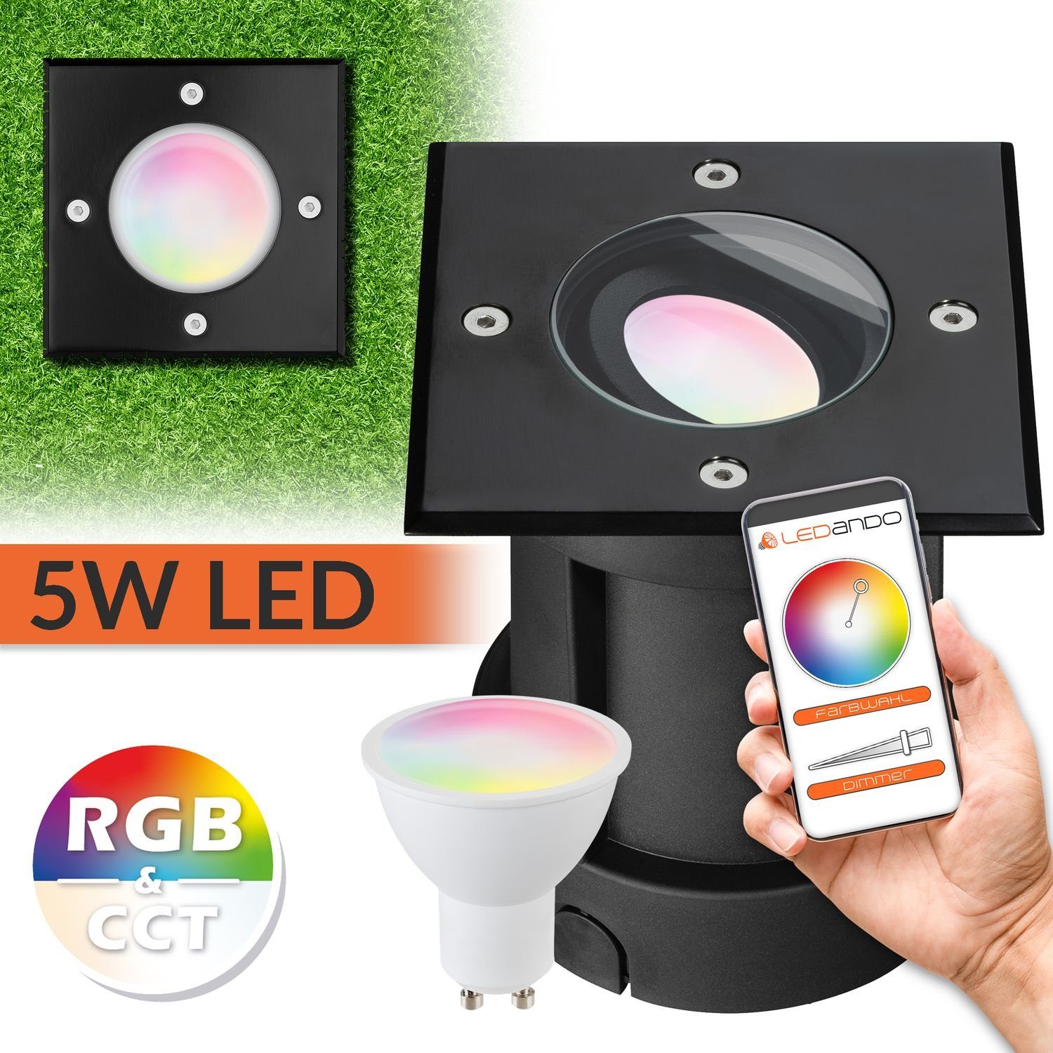 LEDANDO LED Einbaustrahler 5W WiFi LED Bodeneinbaustrahler Set - Smart per App steuerbar - RGB +