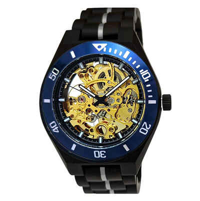 Holzwerk Automatikuhr DELITZSCH Herren Edelstahl & Holz Armband Uhr in schwarz, gold, blau