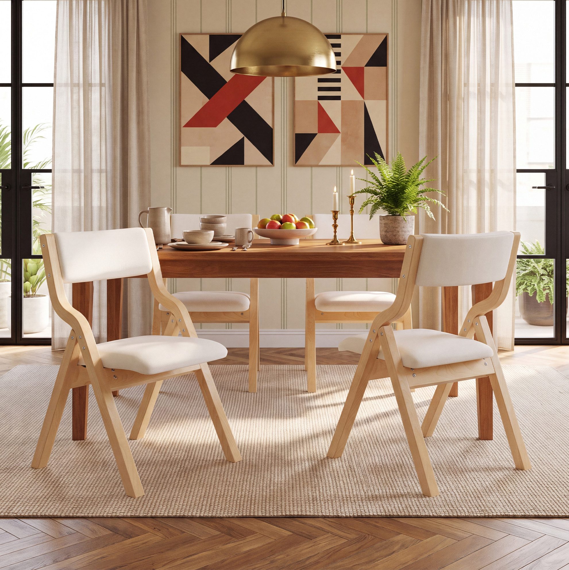 OKWISH Esszimmerstuhl 2 klappbare Massivholzstühle mit Leinenbezug (Beige, 25D-Polsterung, 49x55x81cm, 2 St), platzsparend, vormontiert, für Café und Wohnzimmer