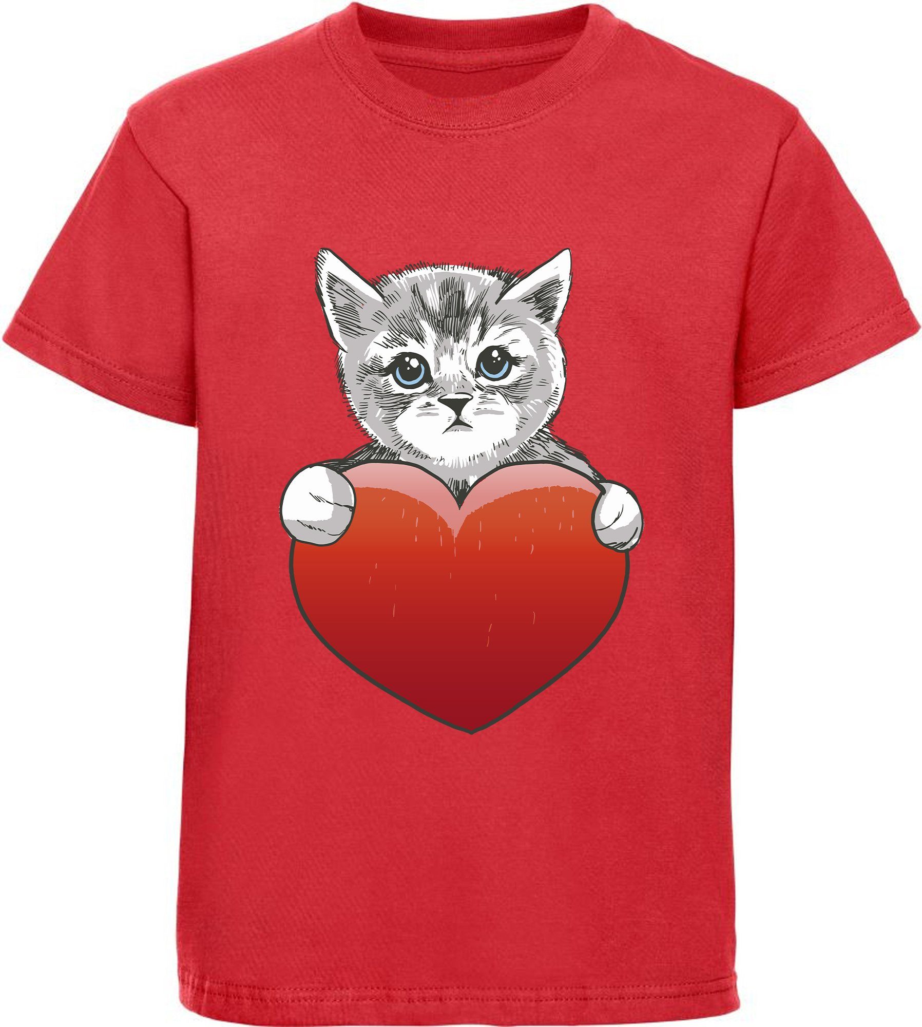 MyDesign24 Print-Shirt bedrucktes Mädchen T-Shirt eine Katze mit Herz Kurzarm Baumwollshirt mit Aufdruck i120