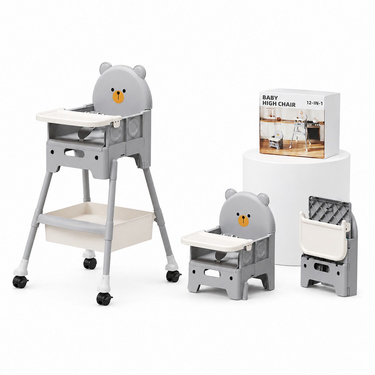 Boncuks Home Kinderstuhl 12-in-1 Baby Multifunktionsstuhl klappbar, grau