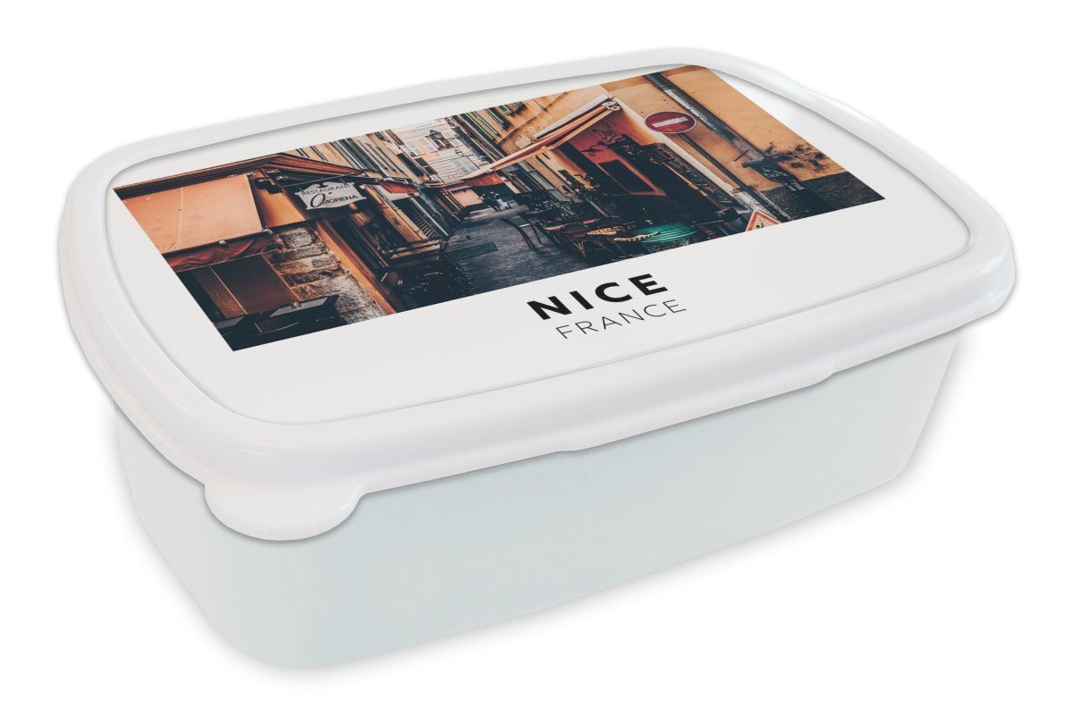 MuchoWow Lunchbox Frankreich - Nizza - Straße, Kunststoff, (2-tlg), Brotbox für Kinder und Erwachsene, Brotdose, für Jungs und Mädchen weiß