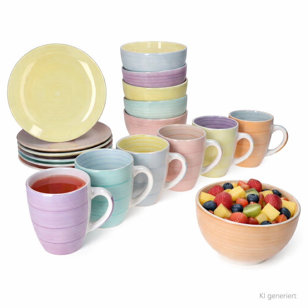 MamboCat Frühstücks-Geschirrset 18tlg Frühstücksset Pastello Steingut pastell-Farben Teller Becher, Steingut