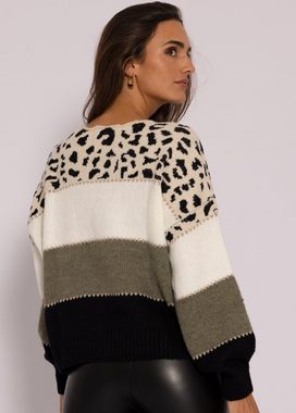 SASSYCLASSY Strickpullover Oversize Pullover Damen mit Leo-Print Lässiger Strickpullover aus weichem Grobstrick mit Streifen und Animalprint, One Size (Gr. 36-42)