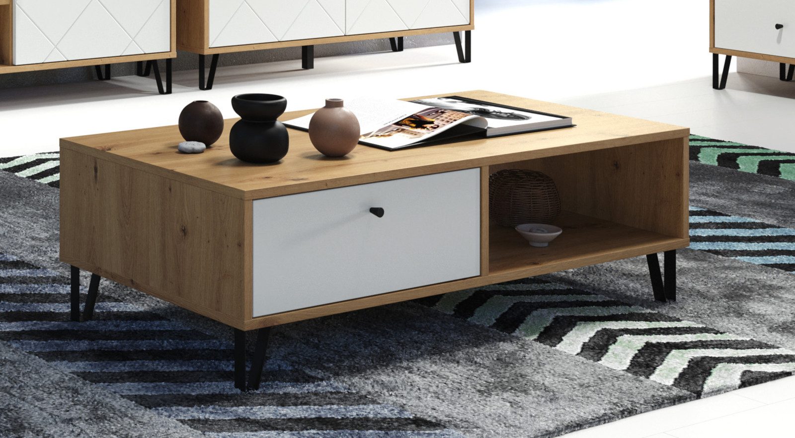 Furn.Design Couchtisch Tough (Wohnzimmer Tisch Eiche Artisan und weiß, 110 x 60 cm), mit Schubladen und Stauraum