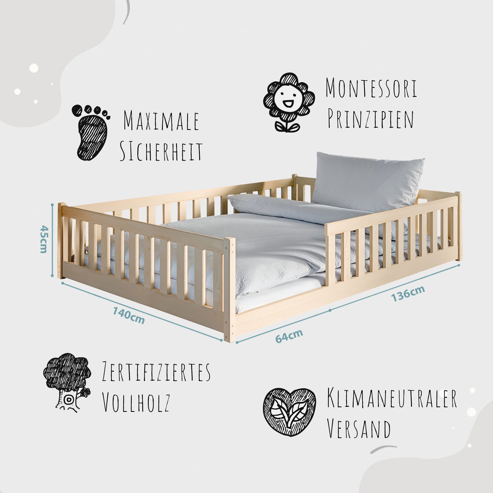 Kids Collective Kinderbett Bodenbett Bett mit Rausfallschutz & Lattenrost Montessori Bett Kinder (Jungen, Mädchen, Kinder, weitere Größen 80x160, 80x180, 90x190, 90x200, 120x200 cm), Jugendbett Gitterbett Einzelbett, Natur Kiefer 140x200 cm