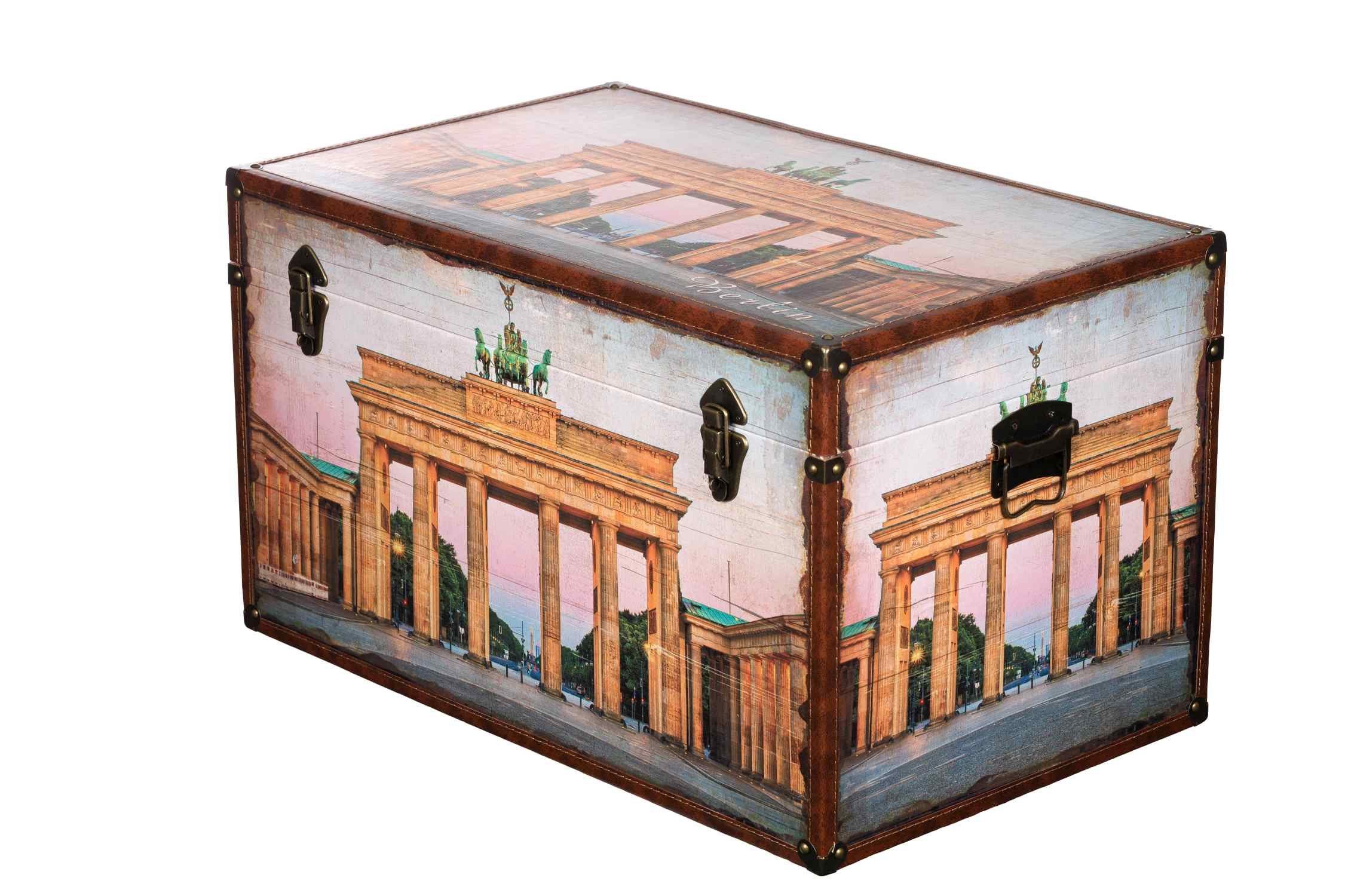 BIRENDY Dekoobjekt Truhe Holzbox mit Hamburg KD1699 Kiste Städtereise Holztruhe Kunstleder Berlin