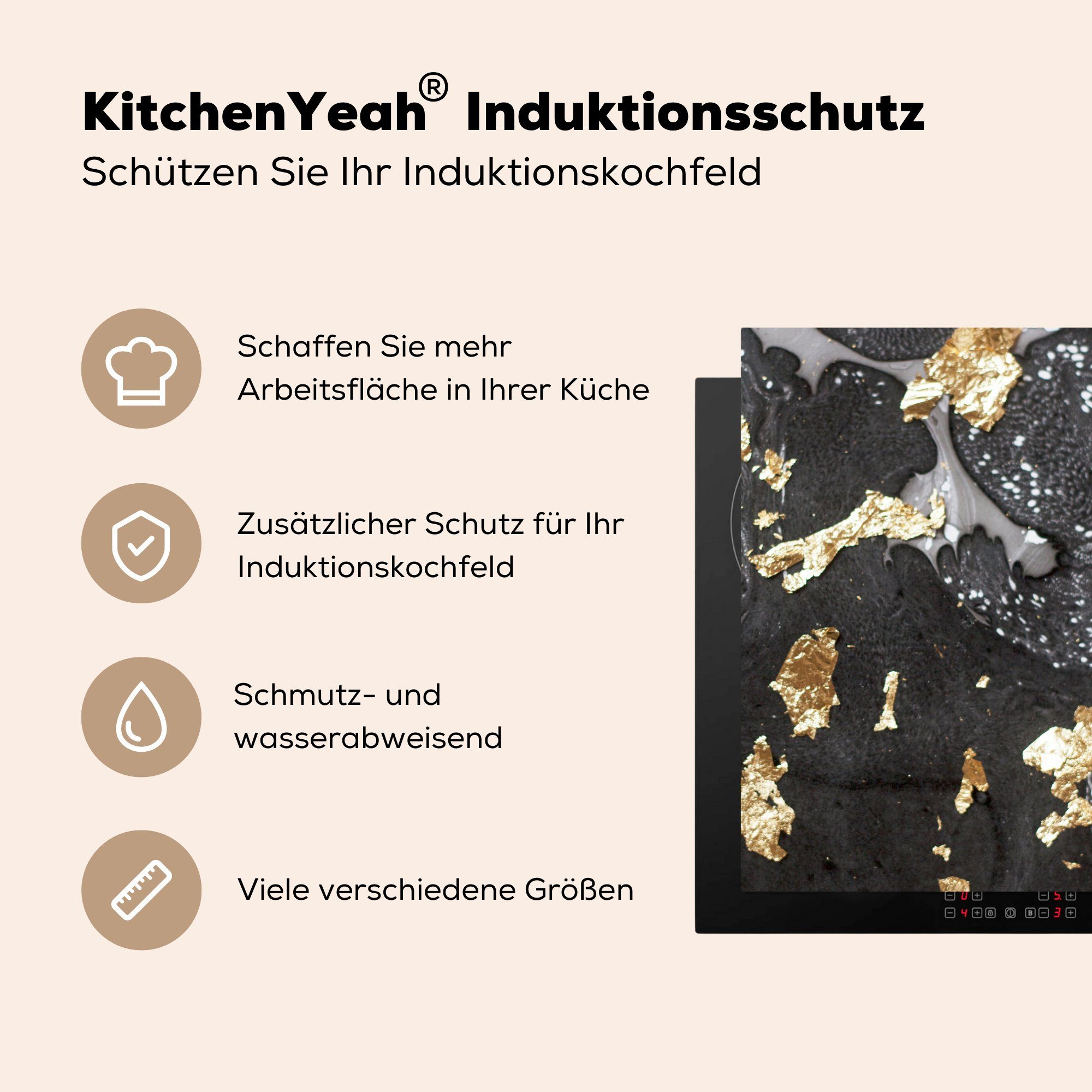 - cm, - Herdblende-/Abdeckplatte (1 78x78 Marmor Vinyl, Arbeitsplatte MuchoWow küche für - Ceranfeldabdeckung, Gold Weiß tlg), Schwarz,
