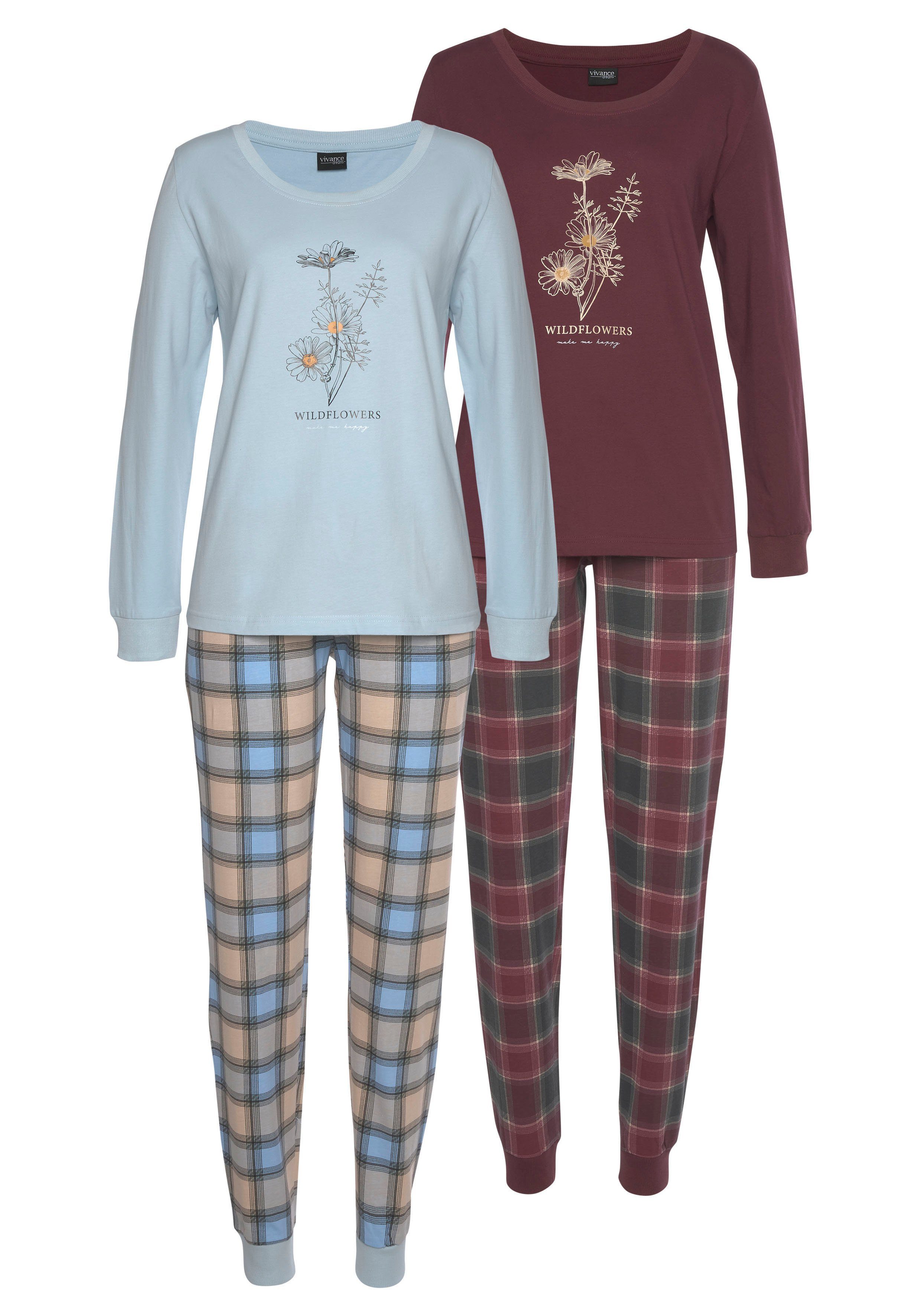 Pyjama bordeaux-kariert, (Packung, kariert-hellblau Stück) Frontdruck 4 tlg., mit 2 Dreams Vivance