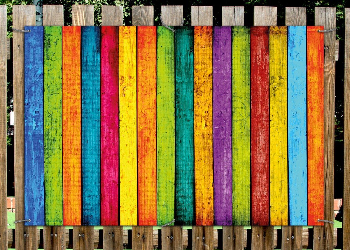 Wallario Sichtschutzzaunmatten Buntes Holz - bunte Streifen mit Farbe und Holzstruktur
