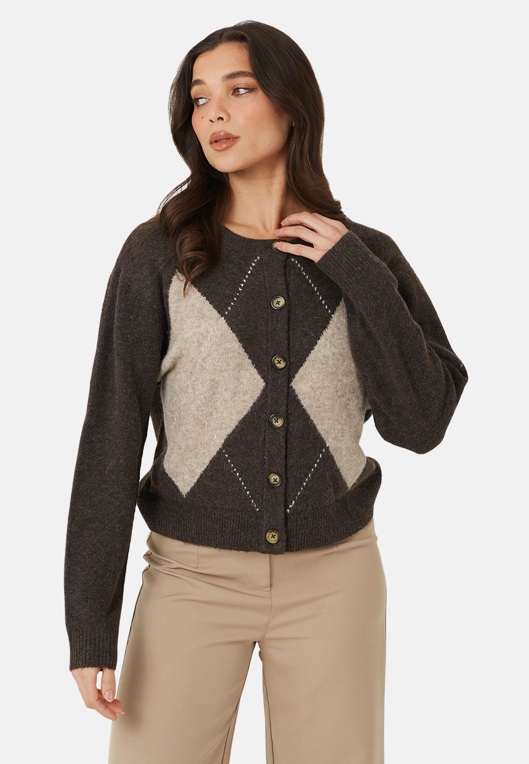 Brave Soul Cardigan Damen-Strickjacke im Oversize-Schnitt mit Argyle-Muster