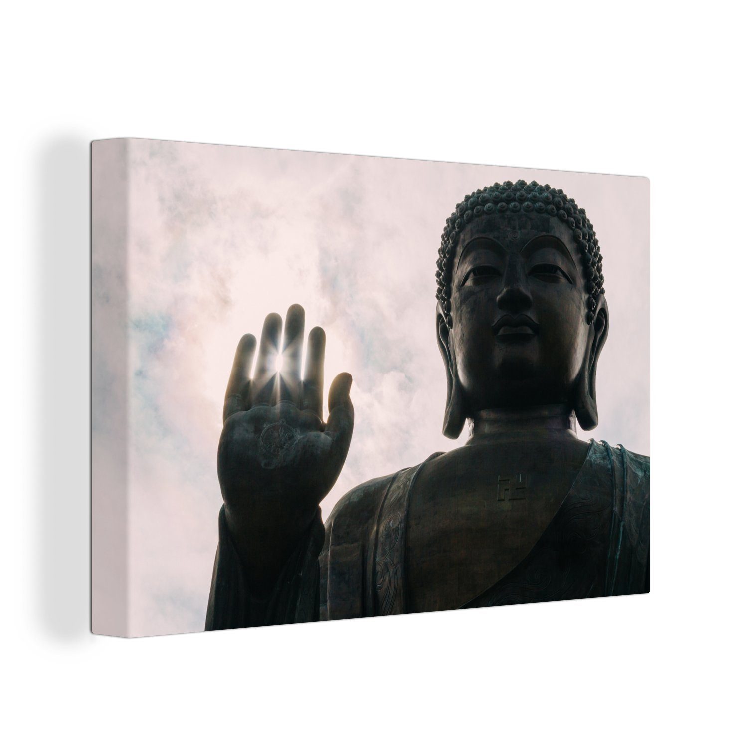 OneMillionCanvasses® Leinwandbild Sonnenstrahlen durch die Finger des Tian Tan Buddha in Japan, (1 St), Wandbild Leinwandbilder, Aufhängefertig, Wanddeko, 30x20 cm