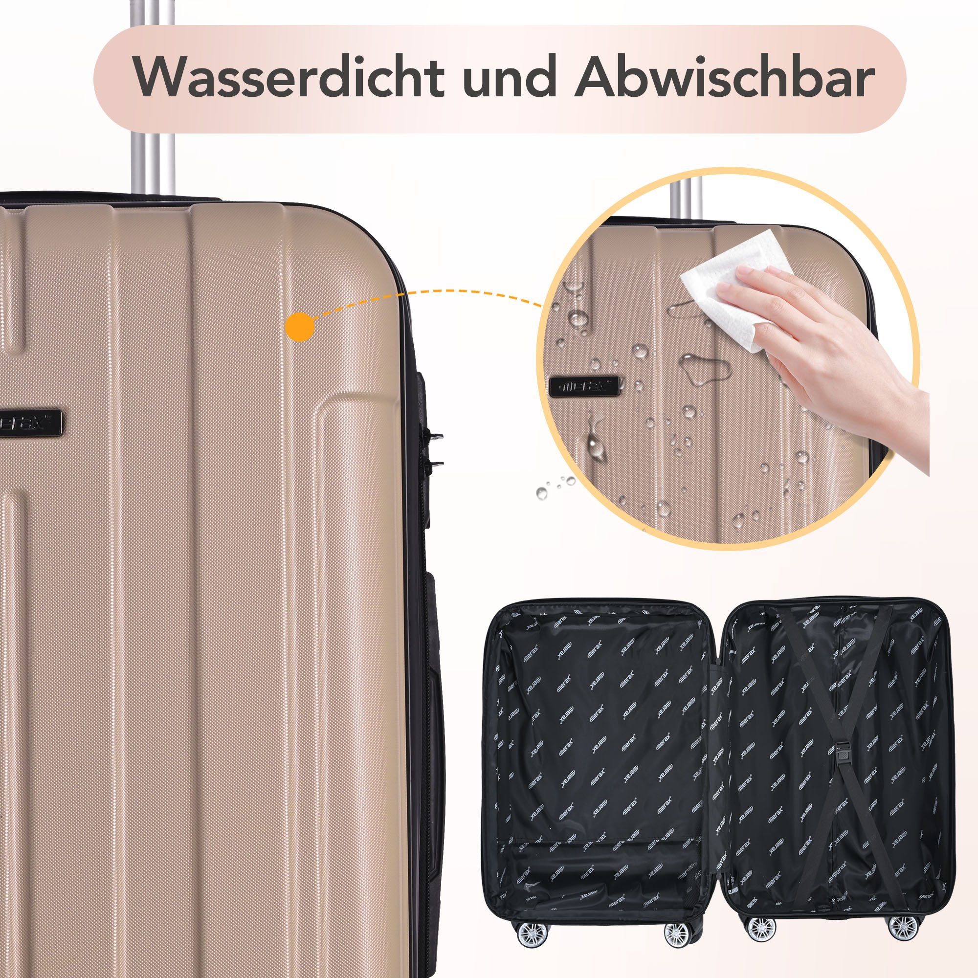 Gepäck, aus Reisekoffer, Merax und 4 Hartschalen-Trolley Rollen, Champagner mit Gold Check-in ABS TSA-Zahlenschloss M Hartschalenkoffer, Doppelrollen, 53cm,