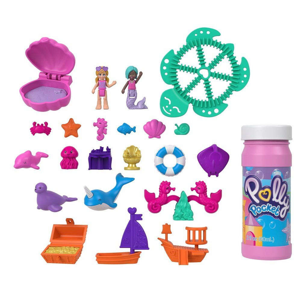 Mattel GmbH Seifenblasenmaschine Polly Pocket Seifenblasenmaschine plus Zubehör Blubber Aquarium, mit Polly Pocket und Meerjungfrauenpuppe