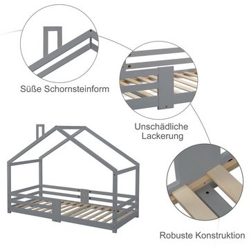 Ulife Hausbett Kinderbett Kiefernholz Hausbett mit Schornstein, 90 x 200 cm, Rausfallschutz Robuste Lattenroste