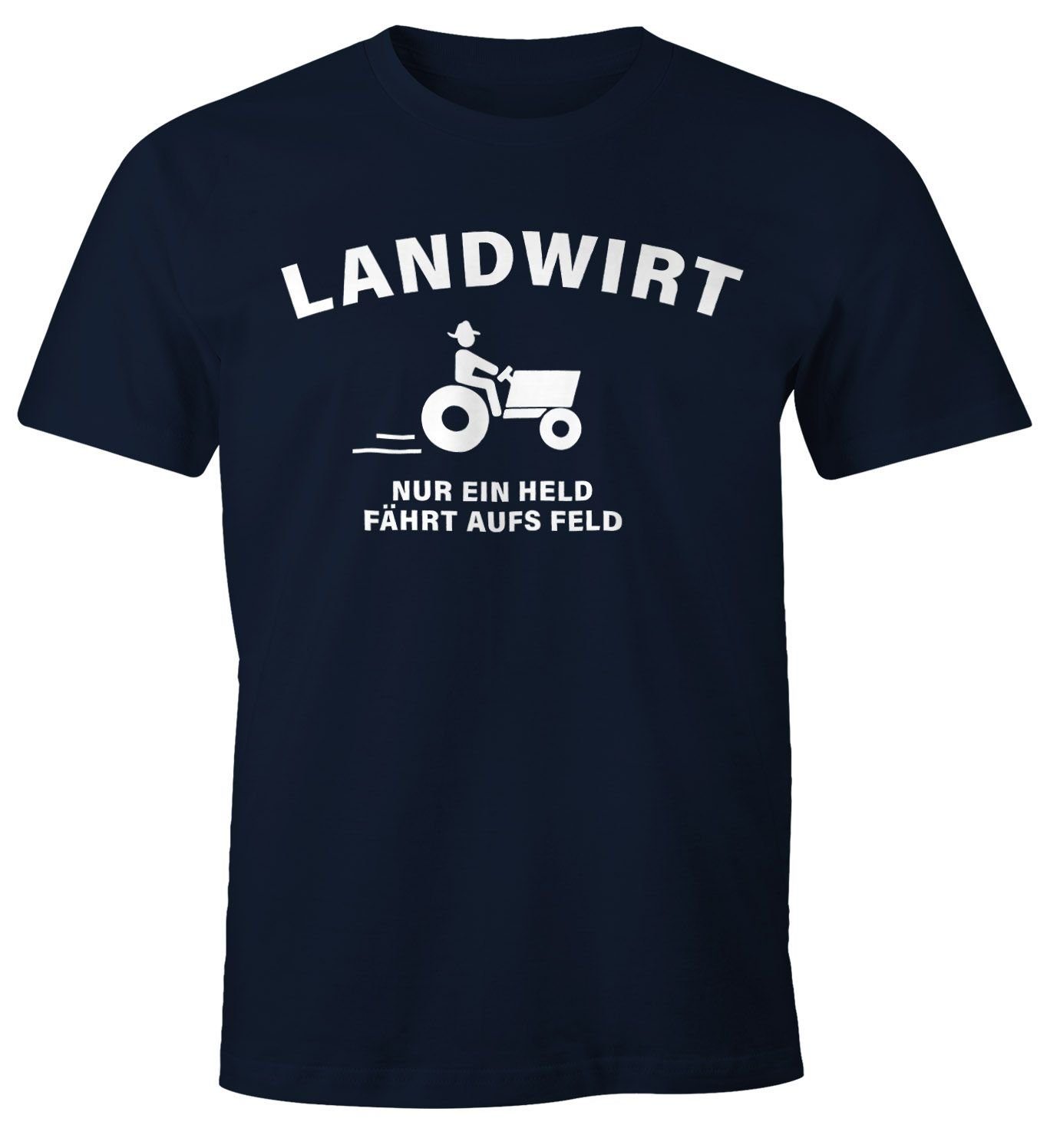 fährt Herren Print-Shirt Print aufs mit ein MoonWorks Moonworks® Landwirt held navy nur T-Shirt Feld