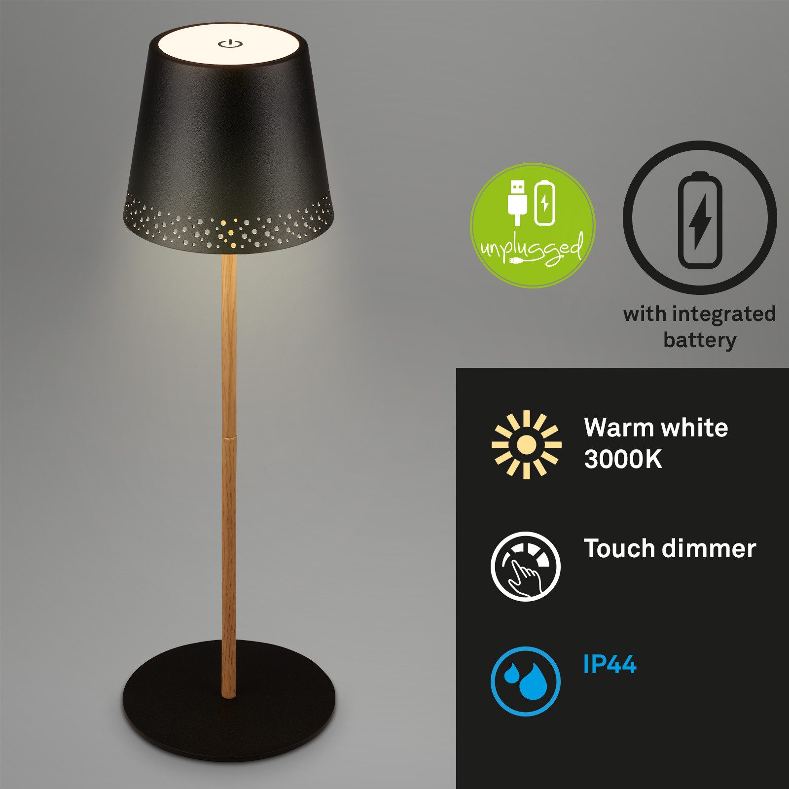 Briloner Leuchten Tischleuchte kabellose LED Tischlampe dimmbar Indoor/Outdoor, LED fest integriert, mit Akku, höhenverstellbar, USB-C, warmweiß, IP44, 38 cm
