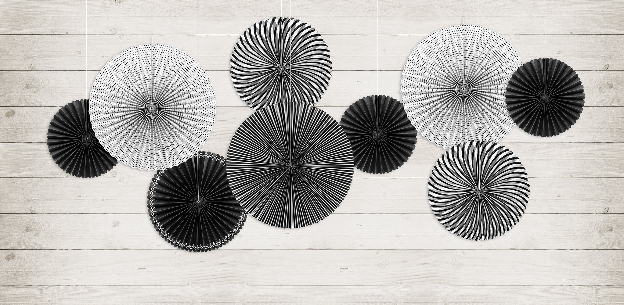 partydeco Papierrosette, Deko Papier Rosetten mit Muster 25-40cm schwarz weiß 5er Set