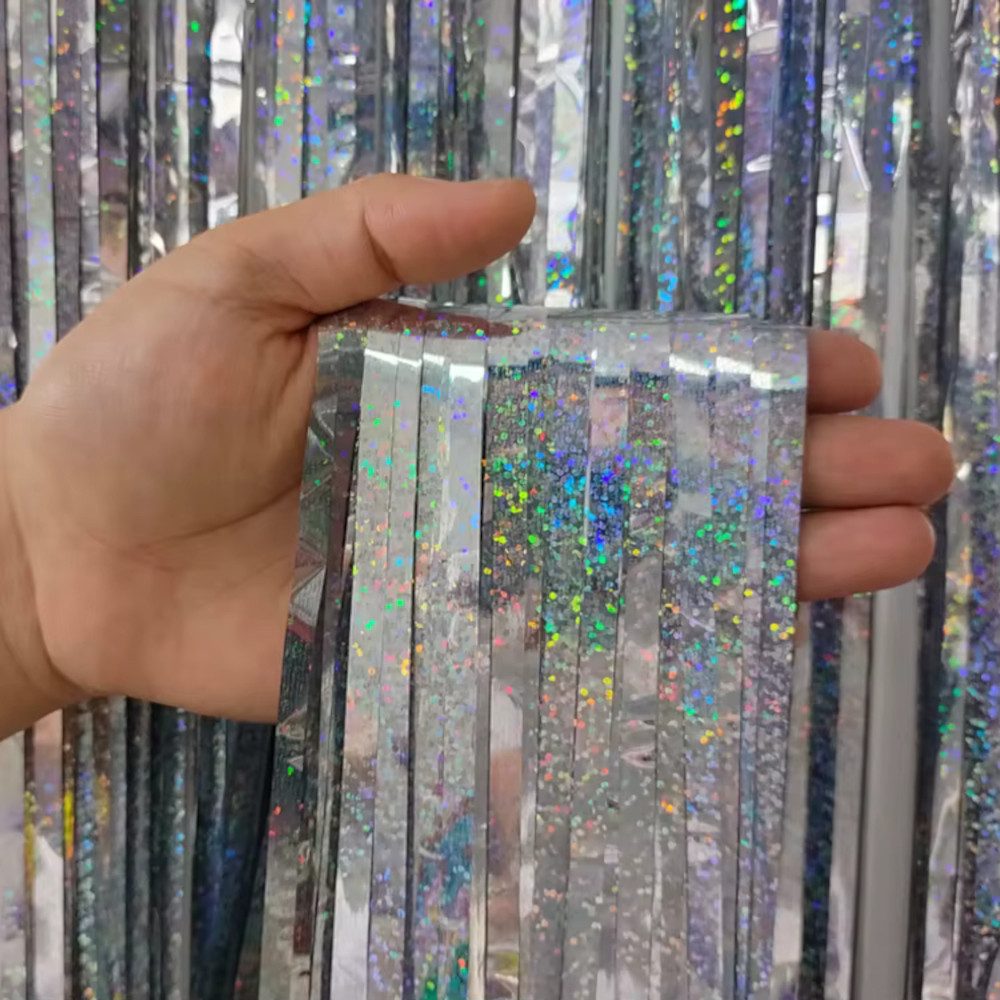Kopper-24 Türvorhang Lametta Vorhang 2 x 1 m, Silber glitzernd, holographisch Party Deko Fo, Schlaufen, Folie