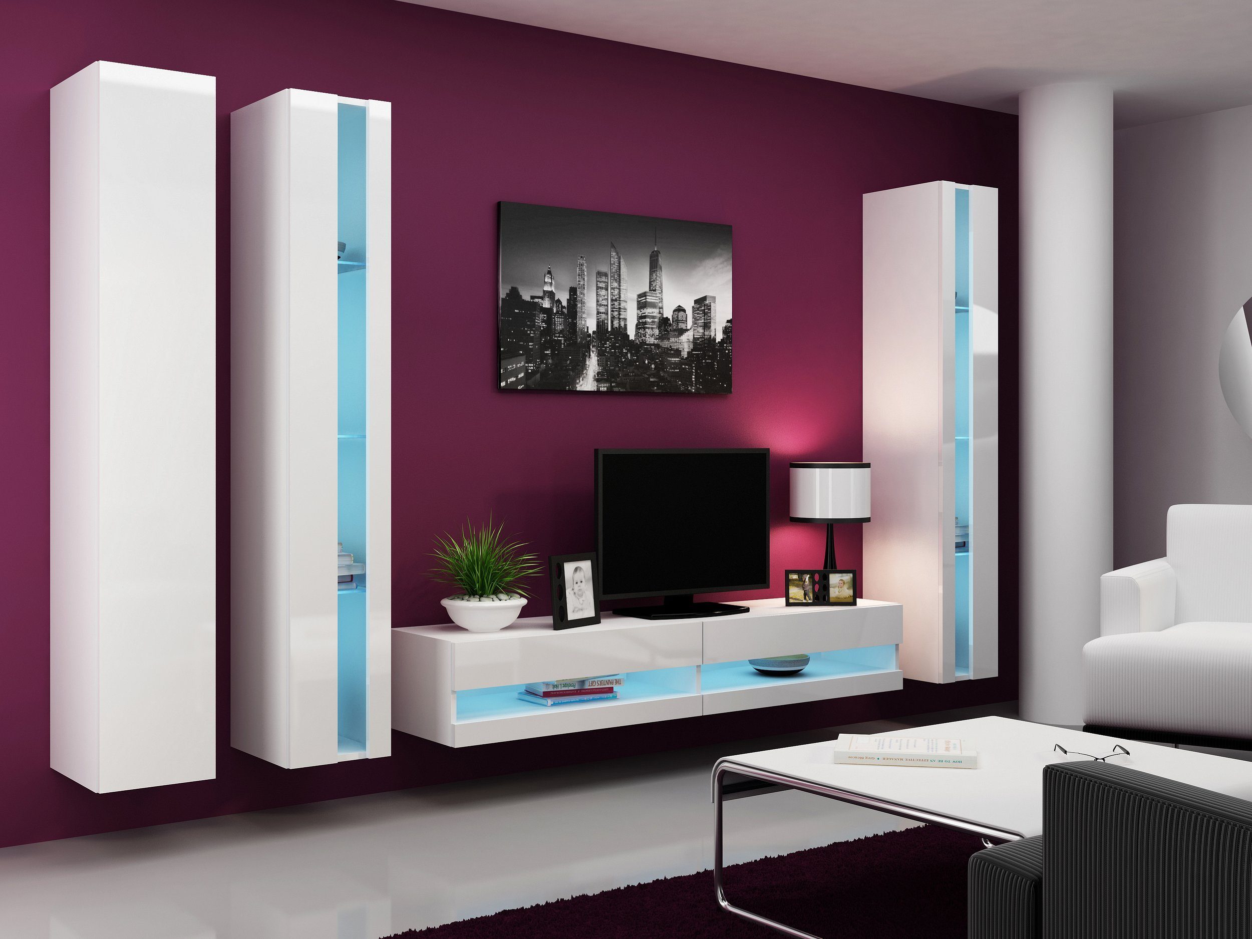 Stylefy Wohnwand Vago N VI, (Set (4-St), Wohnmöbel, Wohnzimmer-Set), bestehend aus 1xLowboard, 2xHängevitrine und 1xHängeschrank, mit Push-to-Open, inkl. LED-Beleuchtung Weiß/Weiß Hochglanz