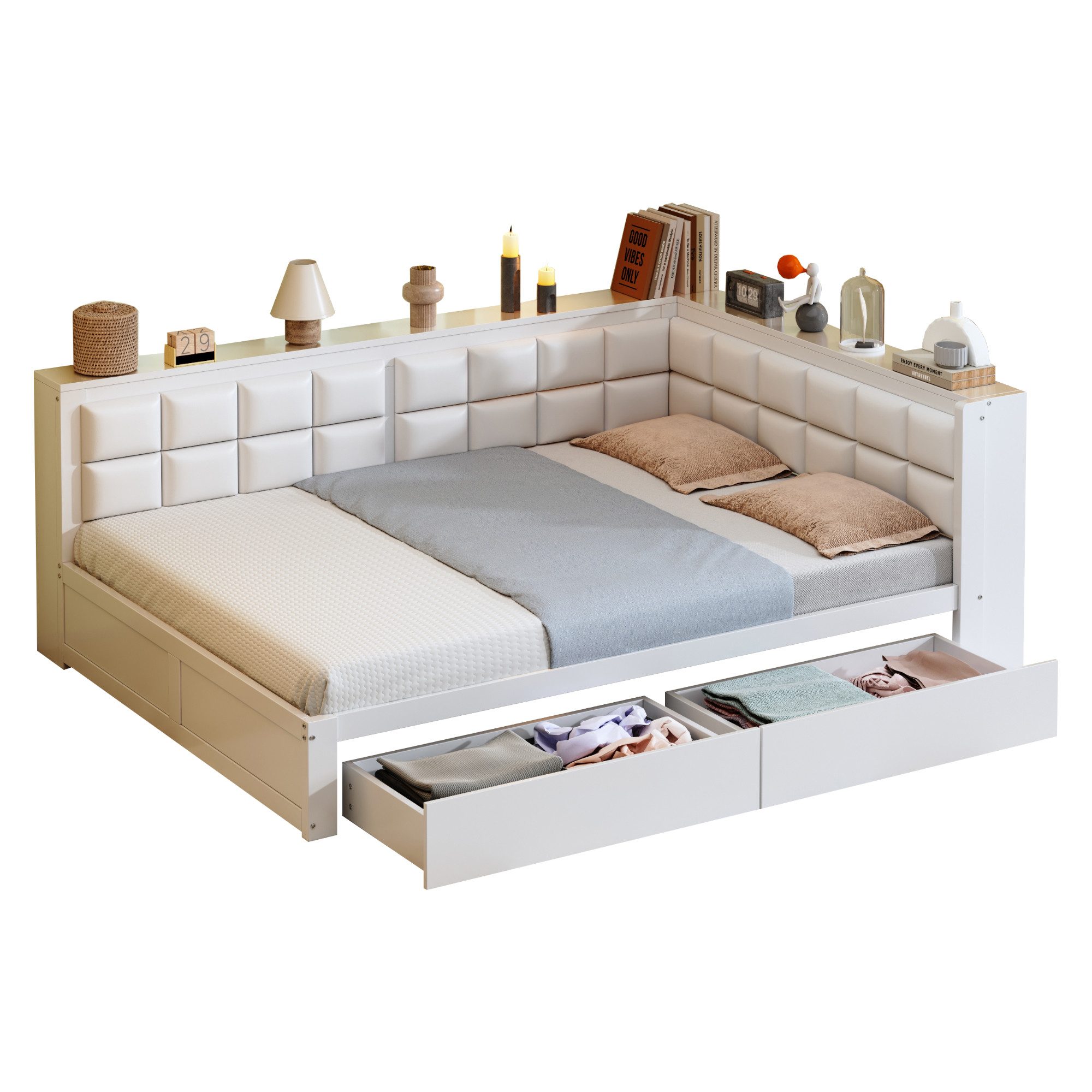 SOFTWEARY Massivholzbett mit Lattenrost und Schubladen, 140x200 cm, Doppelbett mit Kopfteil
