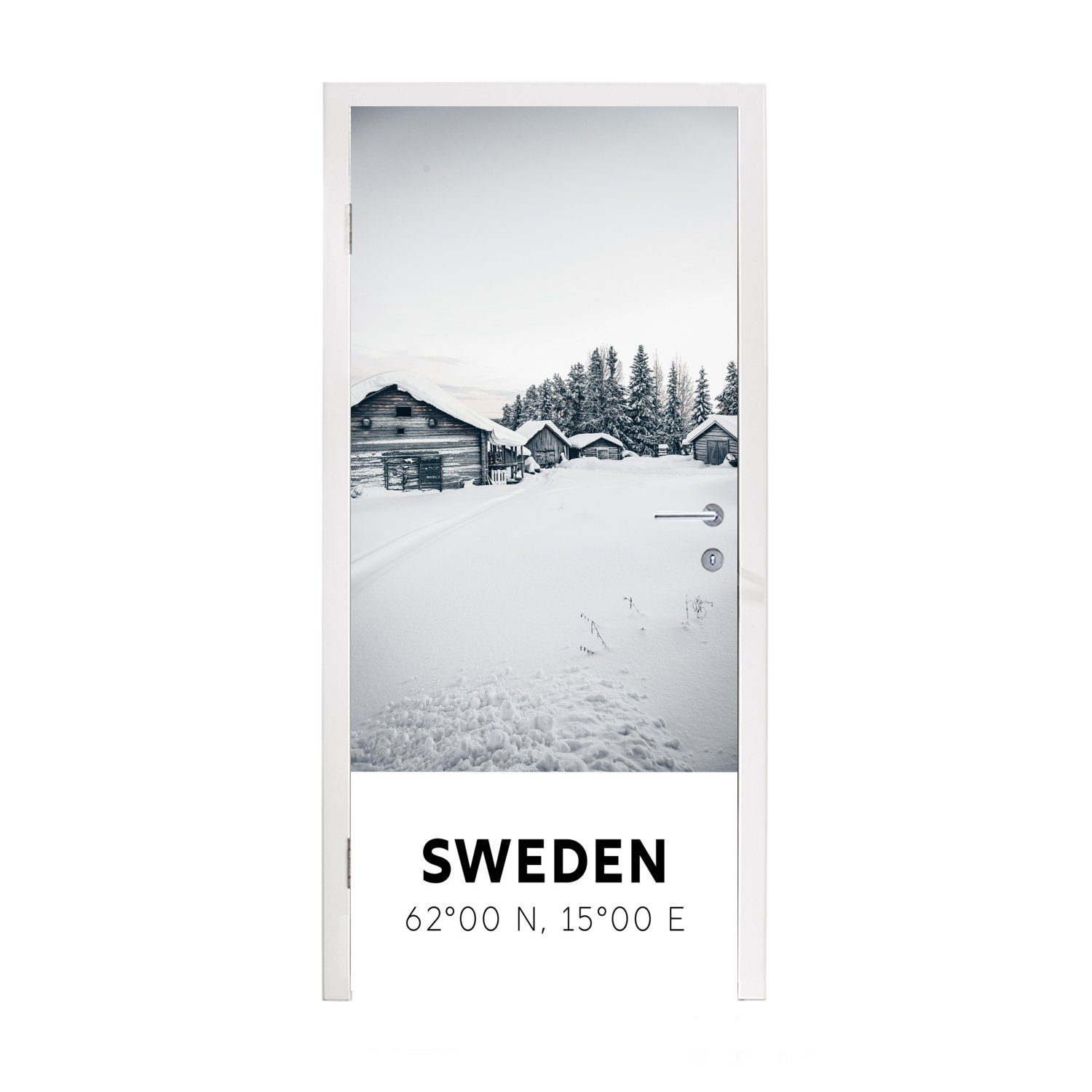 MuchoWow Türtapete Schweden - Schnee - Bäume, Matt, bedruckt, (1 St), Fototapete für Tür, Türaufkleber, 75x205 cm