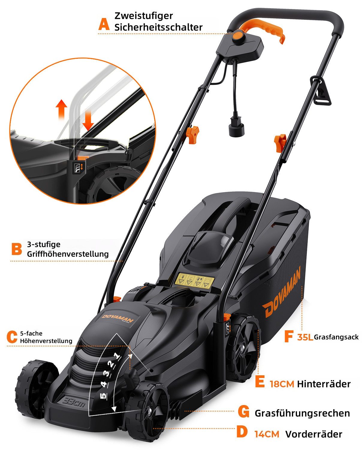 DOVAMAN Elektrorasenmäher 1300W Elektro Rasenmäher 33cm Stahlmesser 5-fach günstig online kaufen